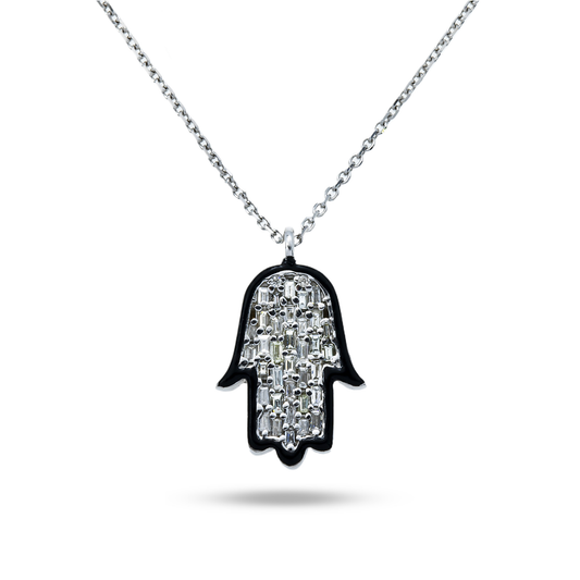 14K White Gold baguette Diamond Hamsa Pendant & Chain Necklace 0.40ct