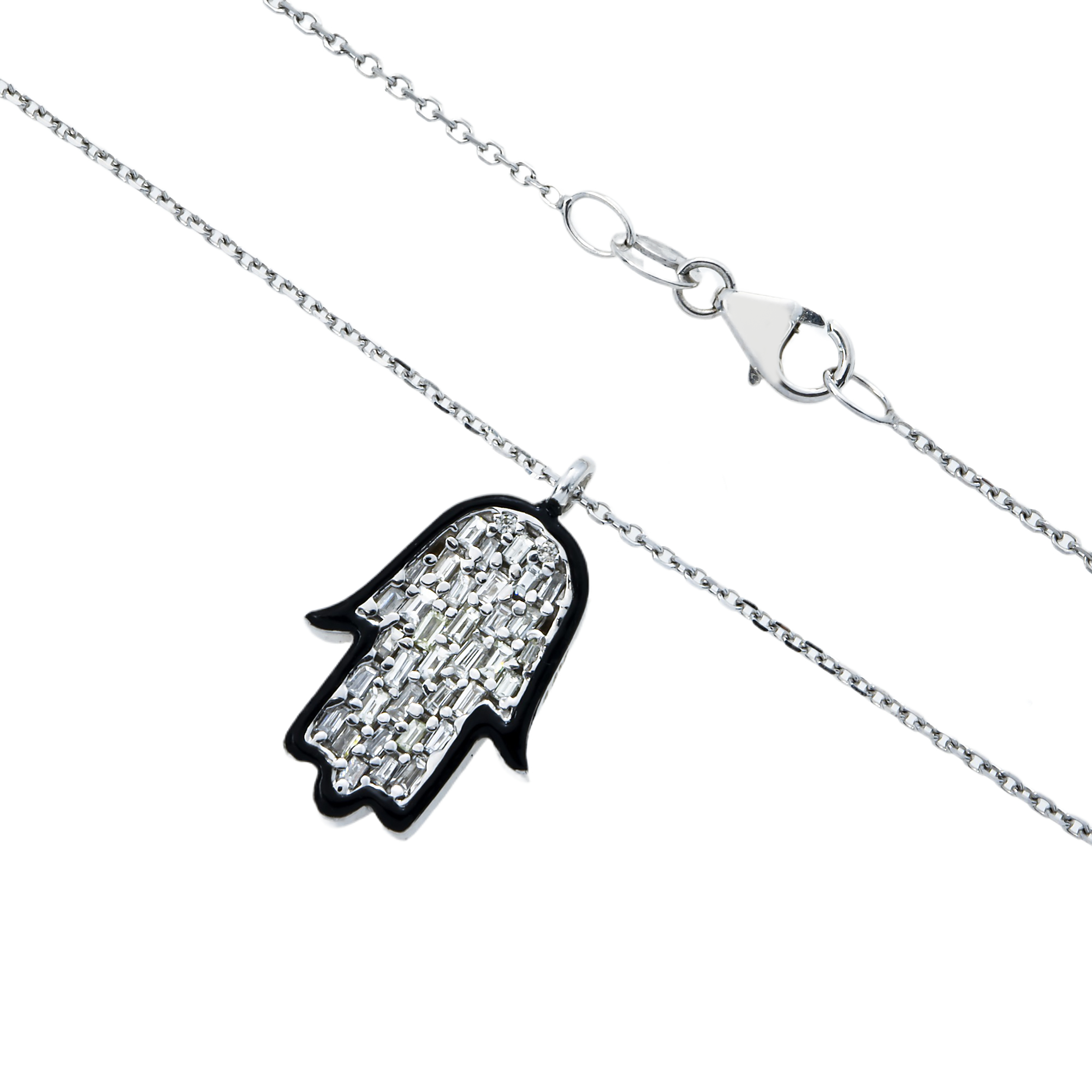 14K White Gold Baguette Diamond Hamsa Pendant & Chain Necklace 0.40Ct