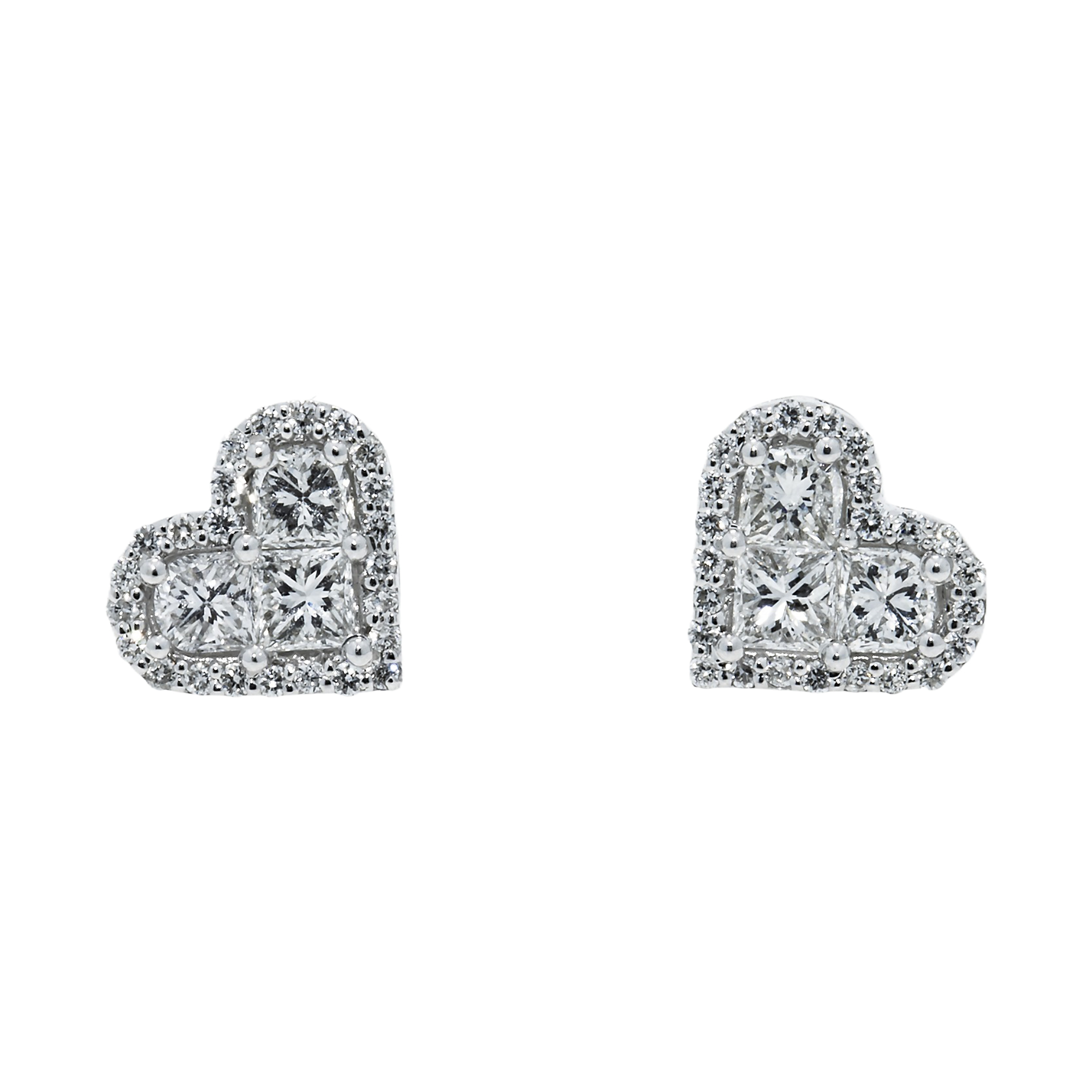 14K White Gold Baguette & Round Diamond Heart Stud Earrings 1.40Ctw