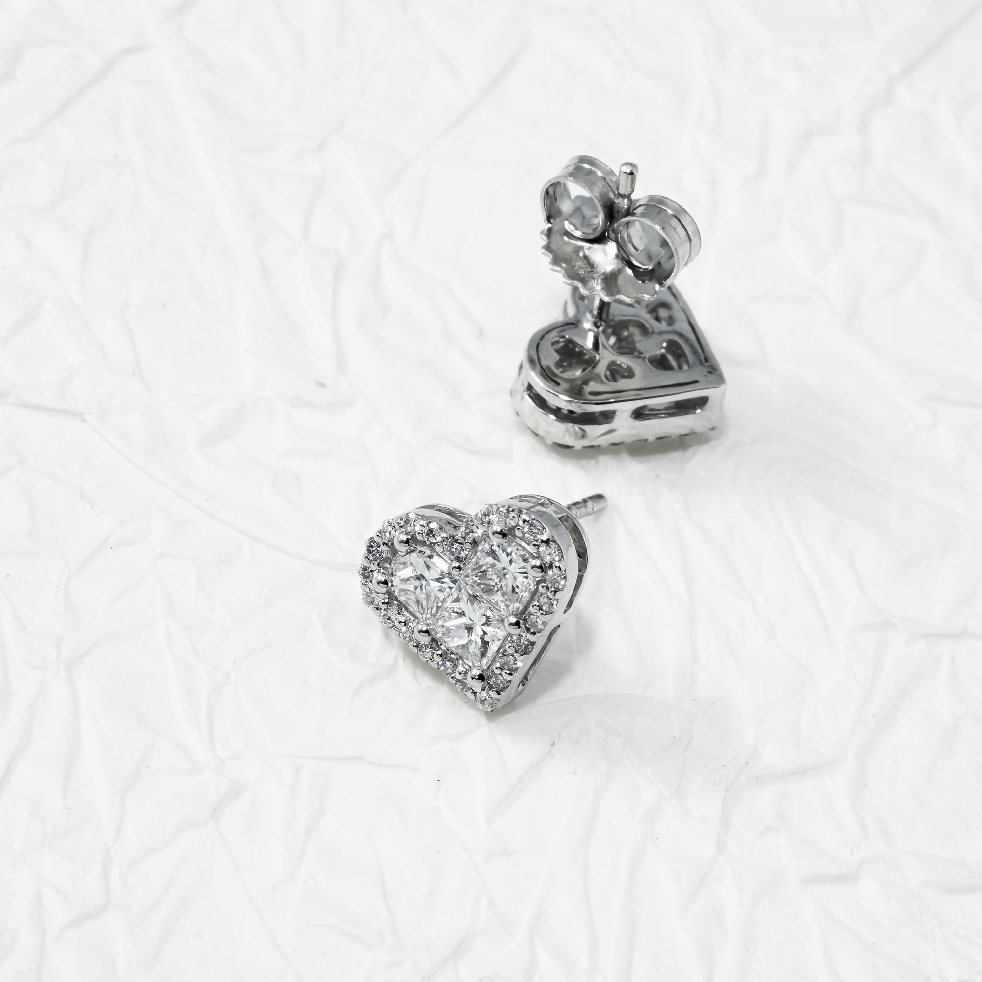 14K White Gold Baguette & Round Diamond Heart Stud Earrings 1.40Ctw