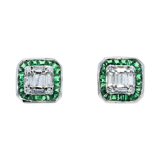 14K White Gold Emerald & Diamond Square Stud Earrings