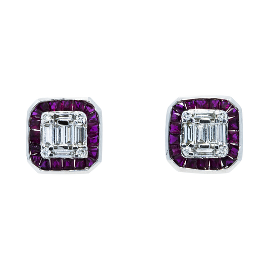 14K White Gold Ruby & Diamond Square Stud Earrings