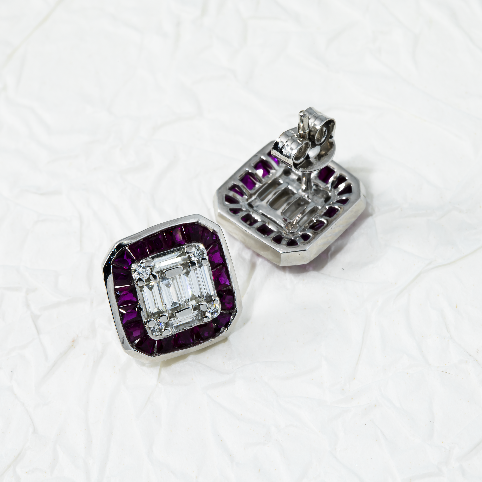 14K White Gold Ruby & Diamond Square Stud Earrings