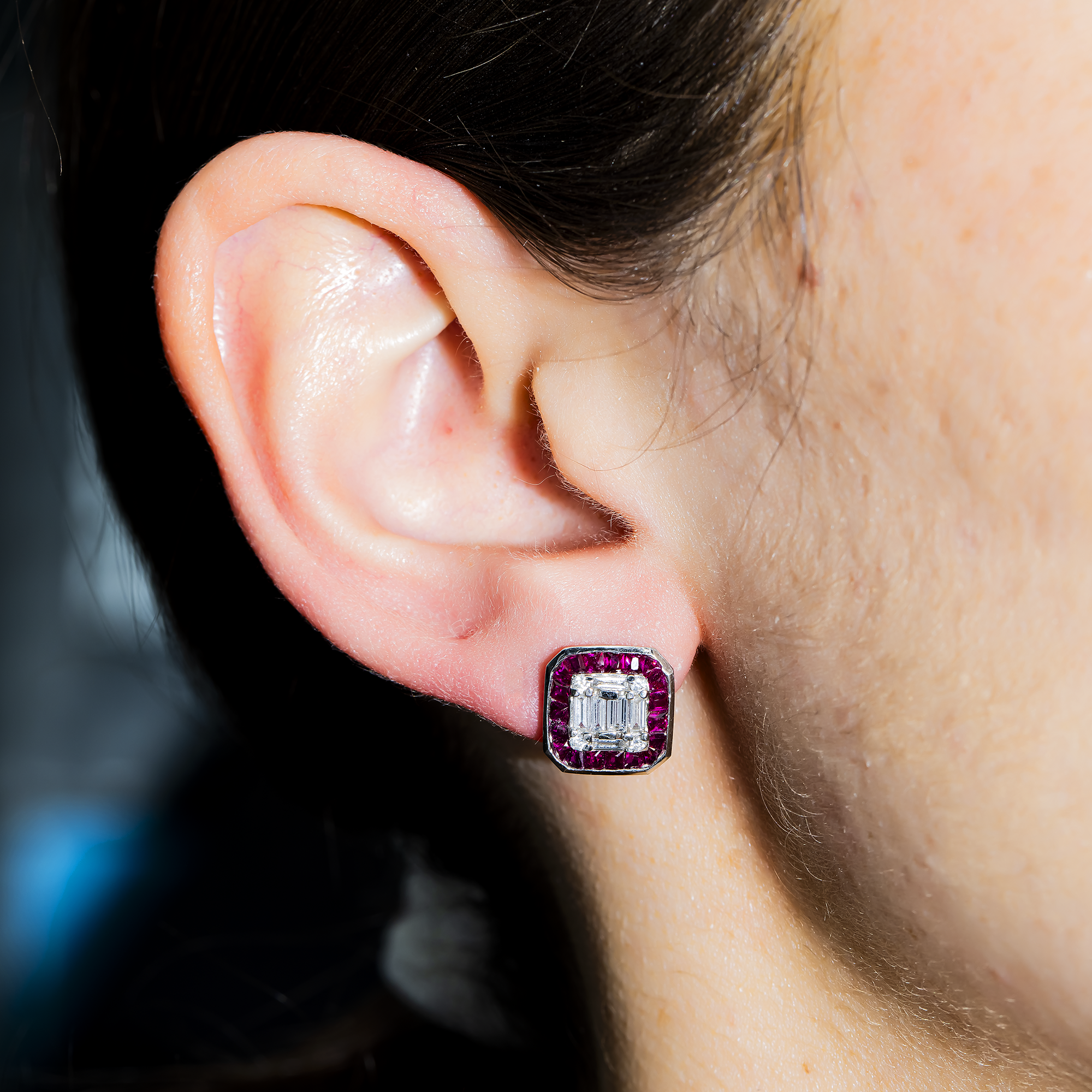 14K White Gold Ruby & Diamond Square Stud Earrings