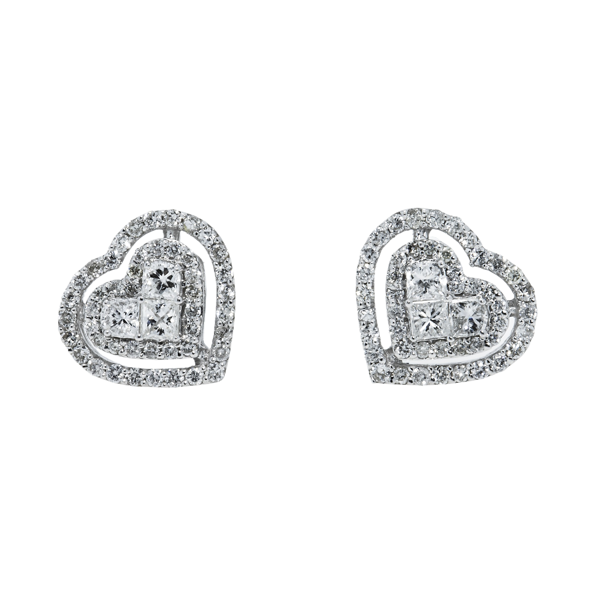 14K White Gold Princess Cut Heart Diamond Earrings 1.04ctw