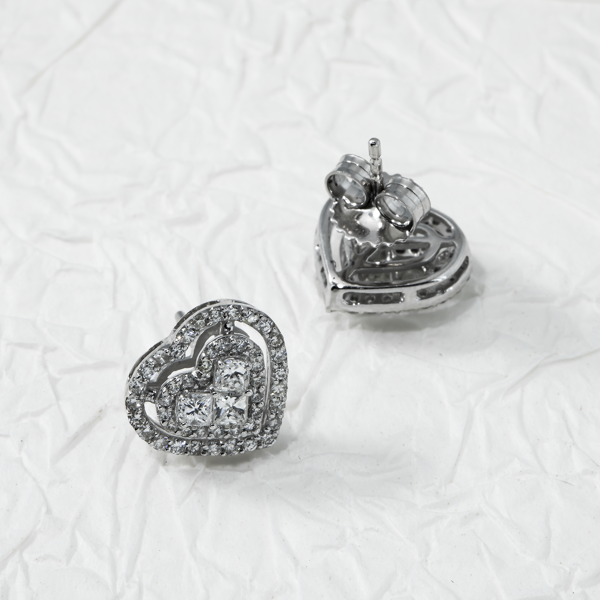 14K White Gold Princess Cut Heart Diamond Earrings 1.04ctw