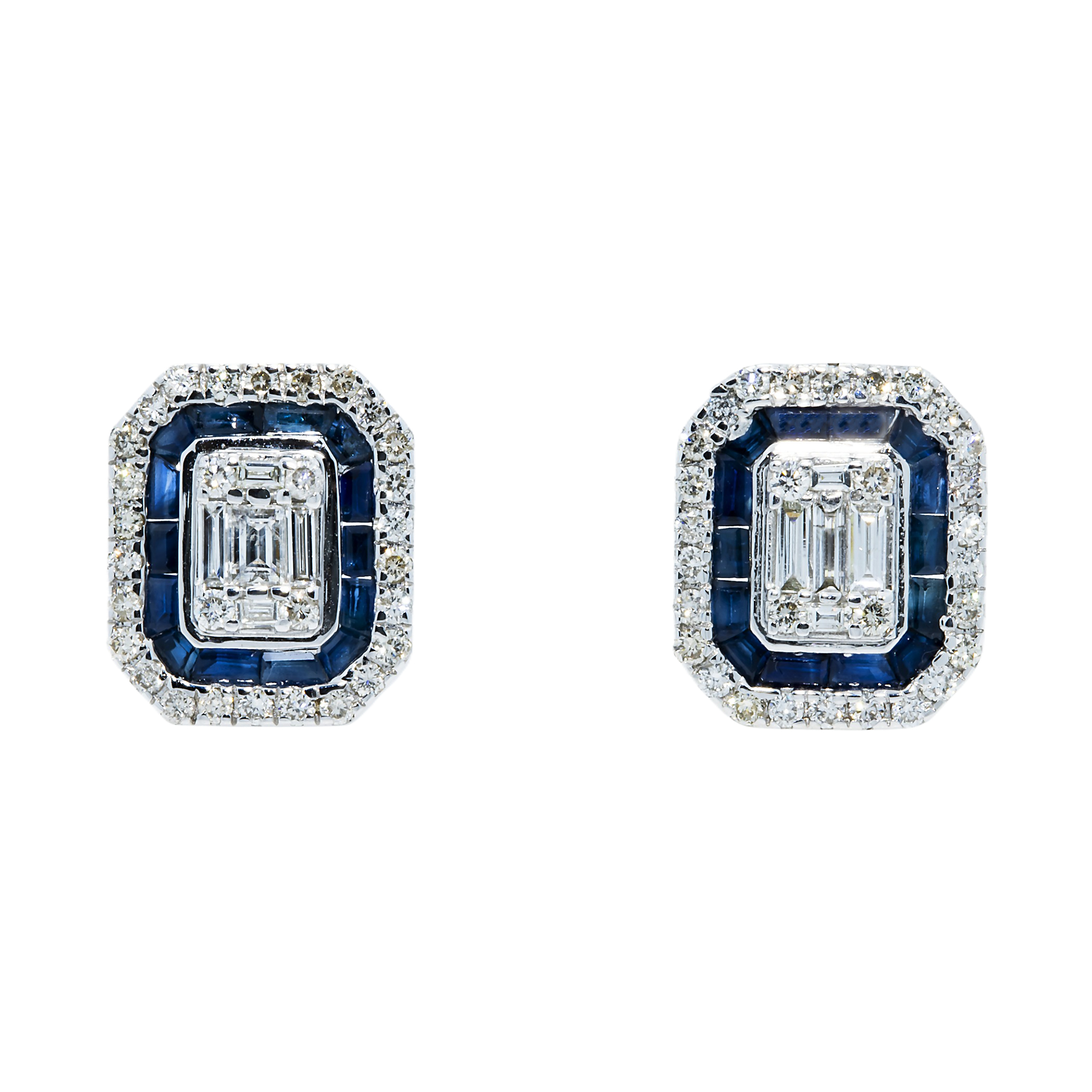 14K White Gold Sapphire & Diamond Square Stud Earrings