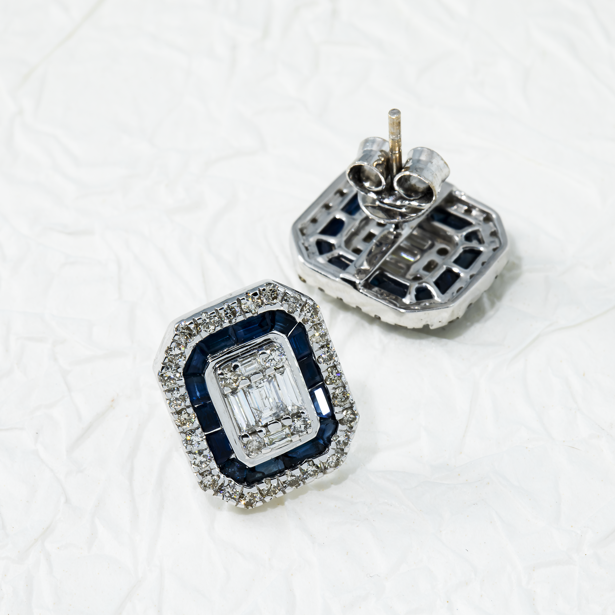 14K White Gold Sapphire & Diamond Square Stud Earrings