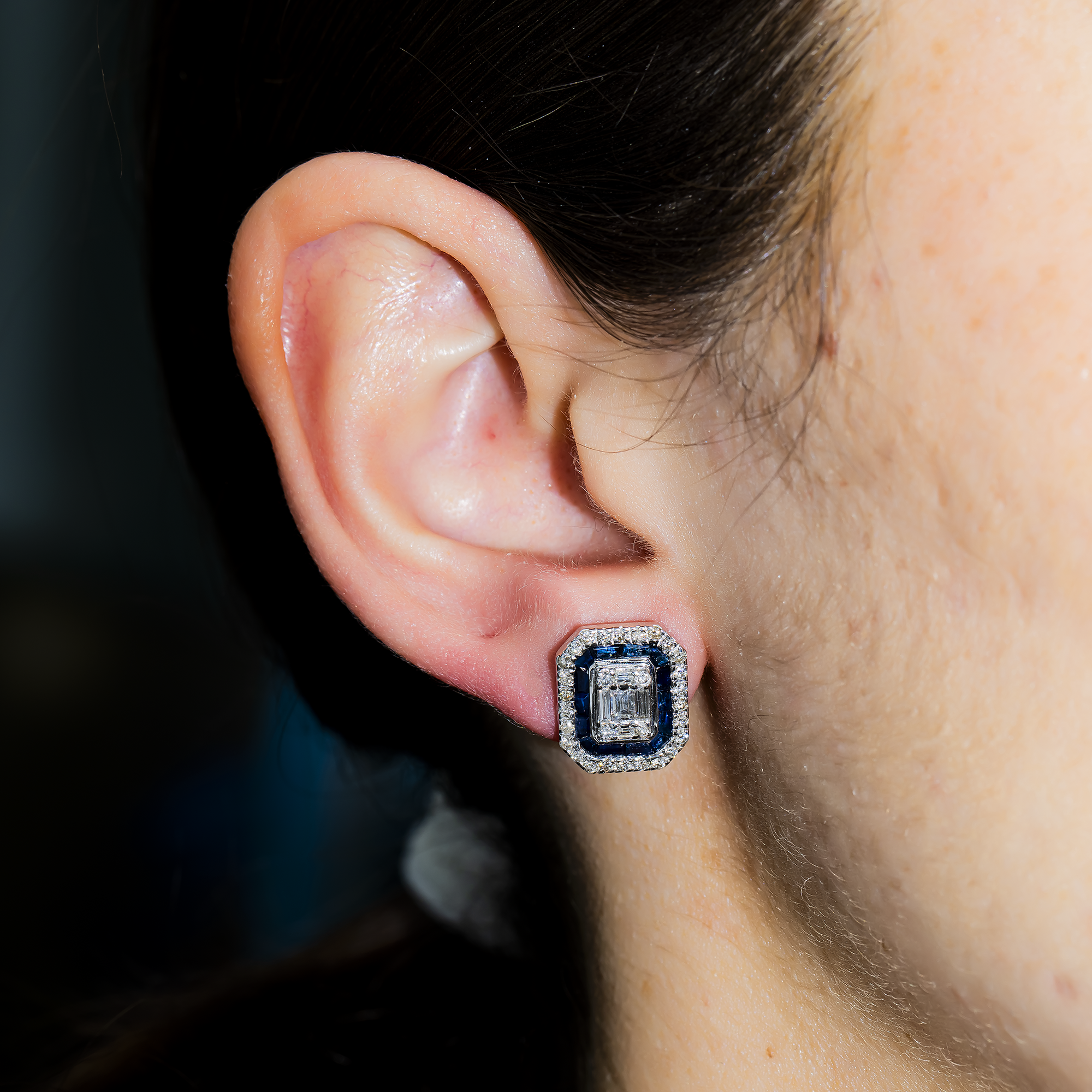 14K White Gold Sapphire & Diamond Square Stud Earrings