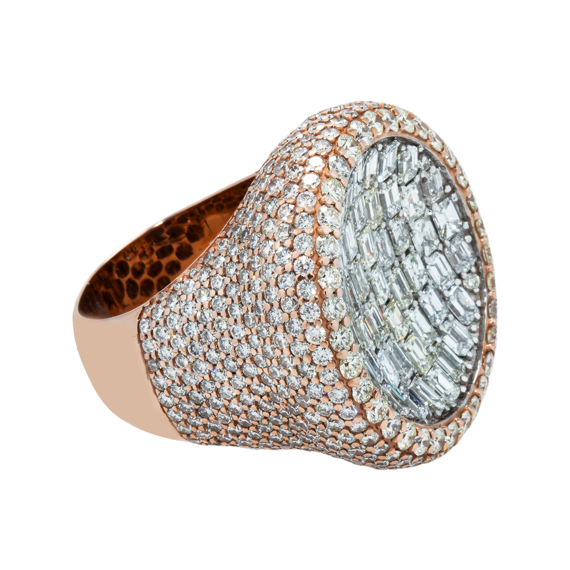 14K Rose Gold Inverted Dome Emerald & Round Cut Diamond Ring 13.91ct