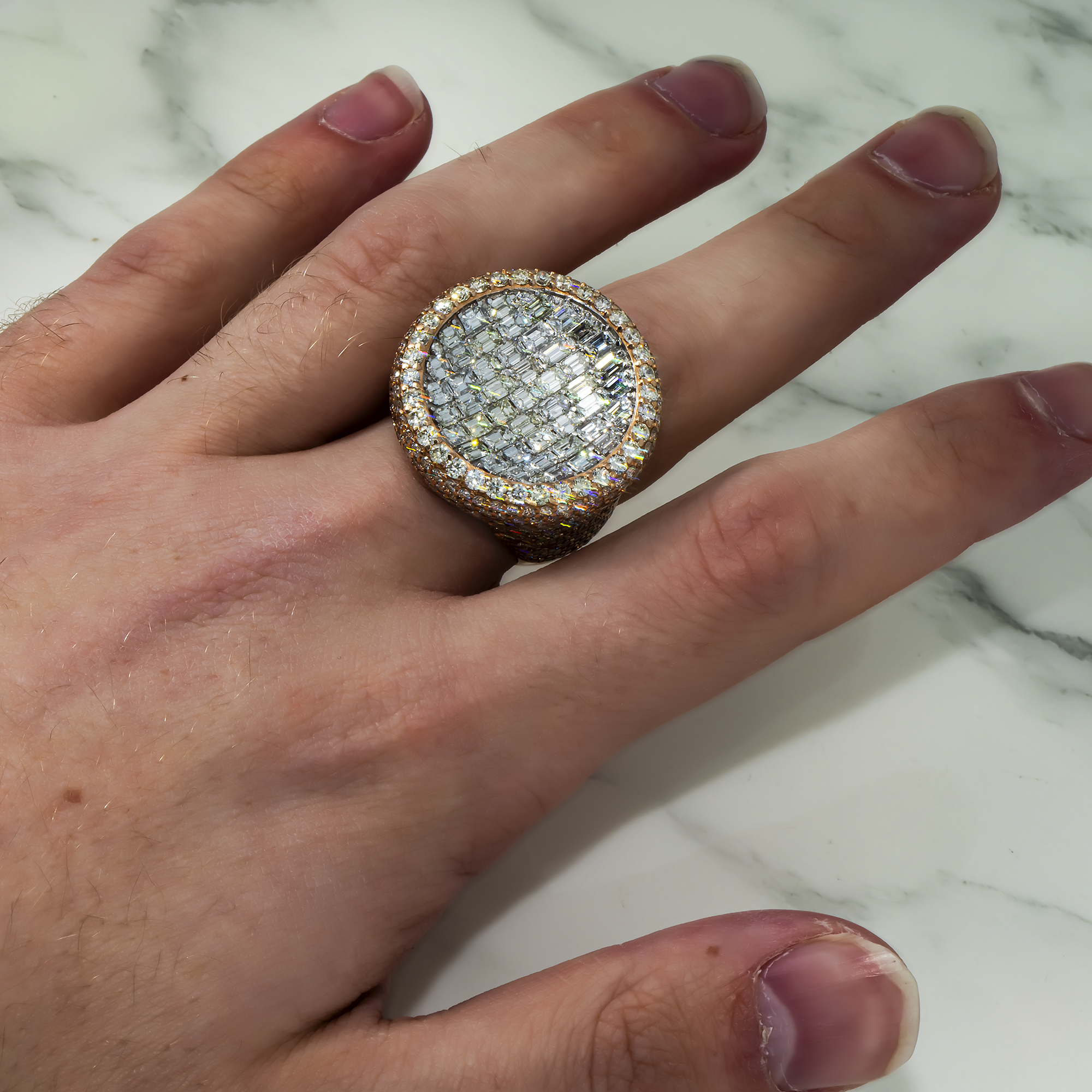 14K Rose Gold Inverted Dome Emerald & Round Cut Diamond Ring 13.91ct