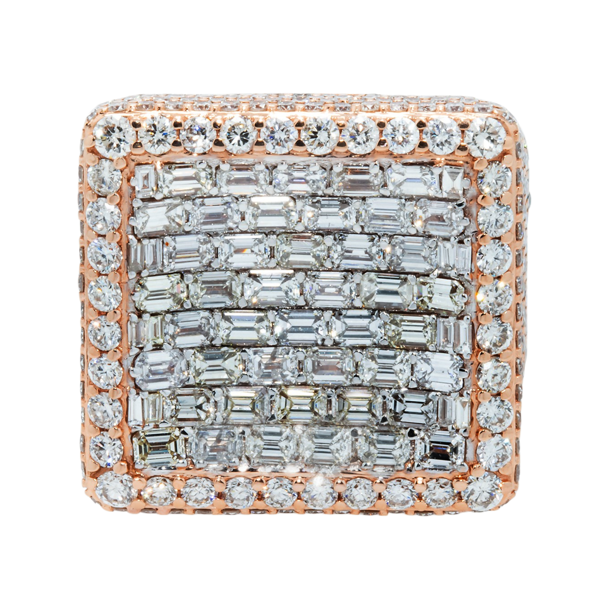 14K Rose Gold Emerald & Round Diamond Square Chandelier Ring 10.51ct