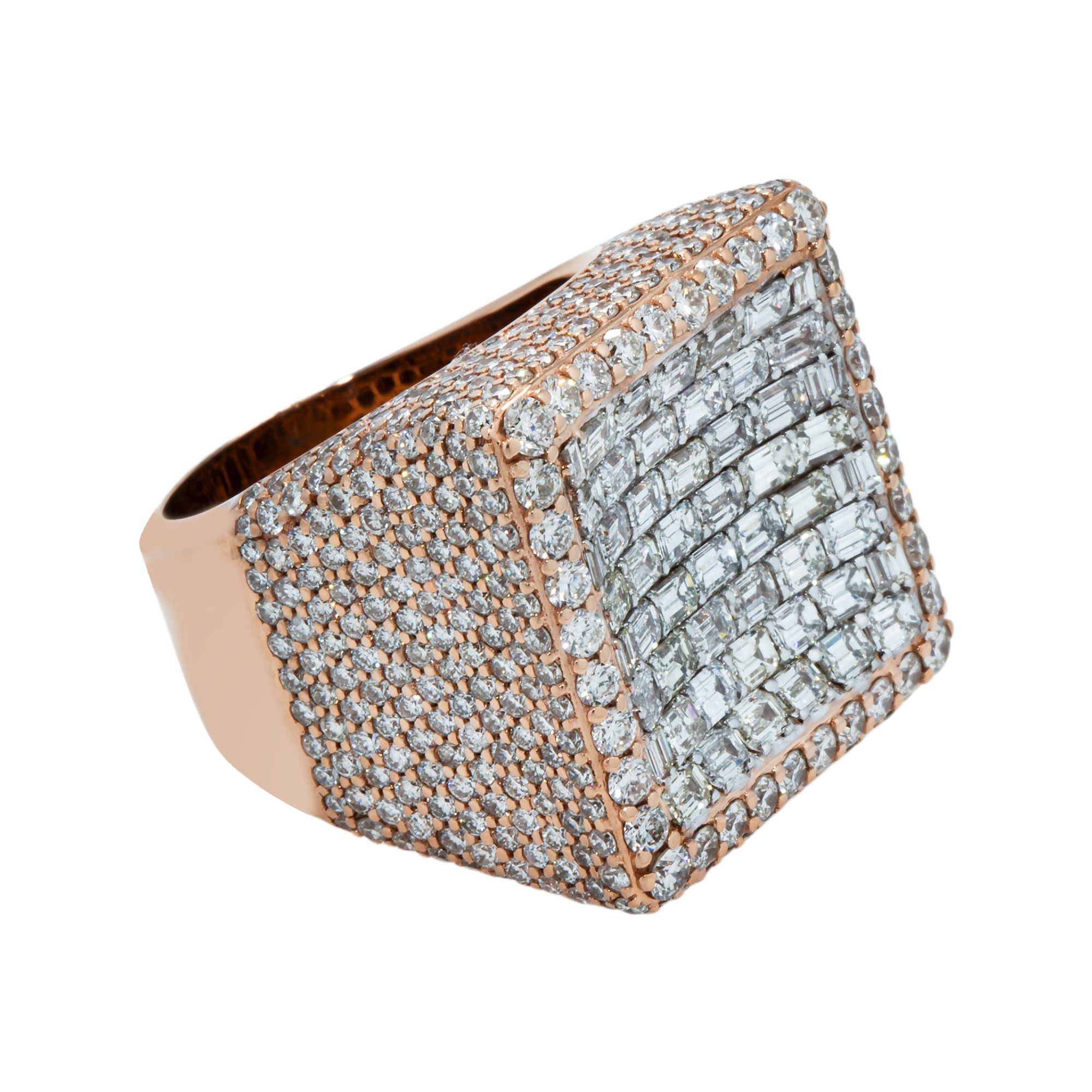 14K Rose Gold Emerald & Round Diamond Square Chandelier Ring 10.51ct