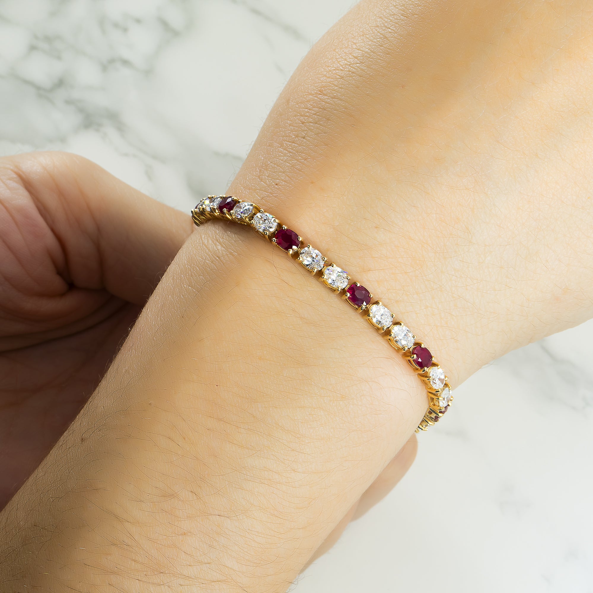 18K Yellow Gold Oval Cut Ruby & Diamond Tennis Bracelet Bracelets