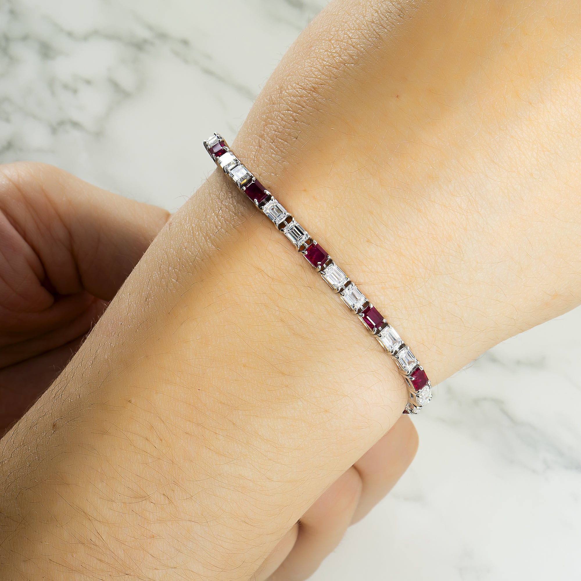 18K White Gold Emerald Cut Ruby & Diamond Tennis Bracelet Bracelets