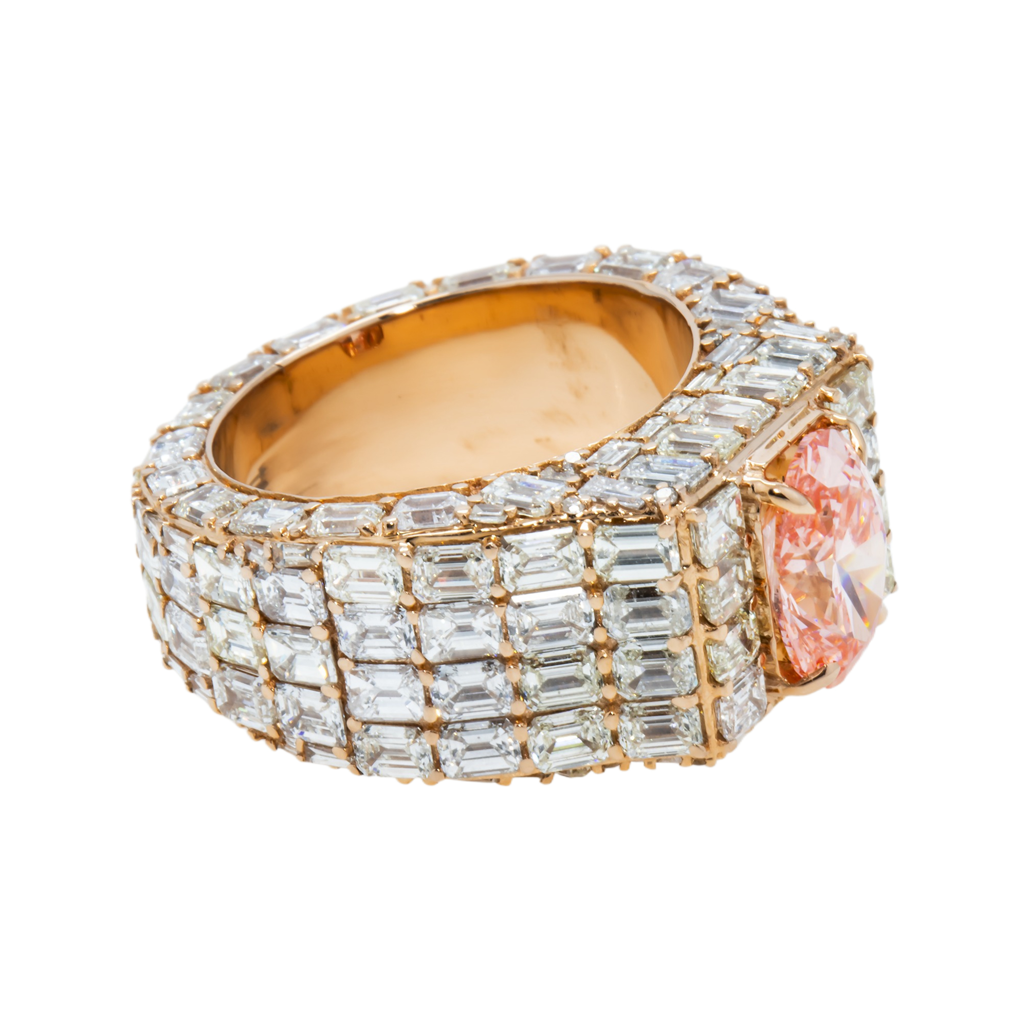 14K Rose Gold Emerald & Oval Cut Fancy Vivid Pink Diamond Ring 18.59ctw