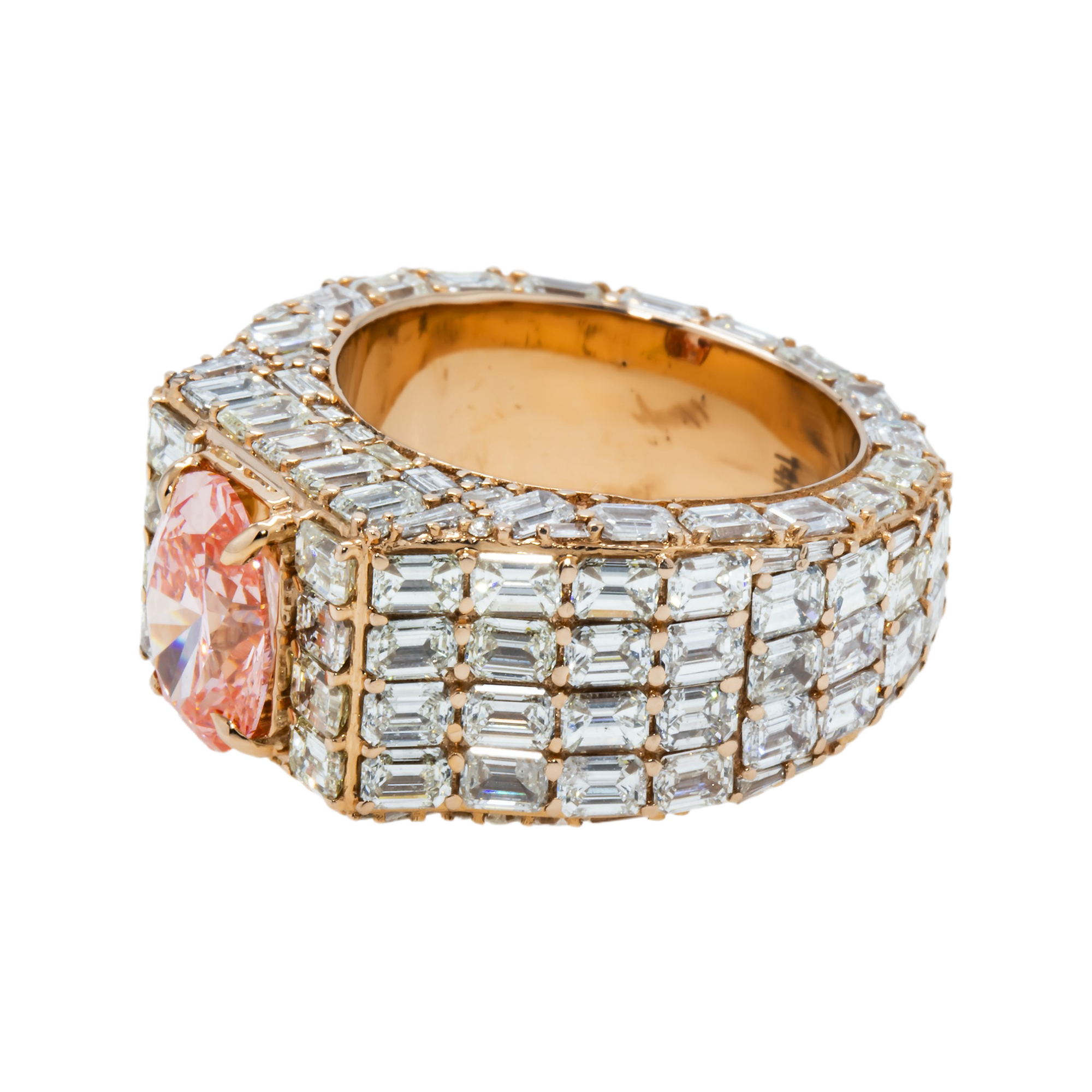 14K Rose Gold Emerald & Oval Cut Fancy Vivid Pink Diamond Ring 18.59ctw