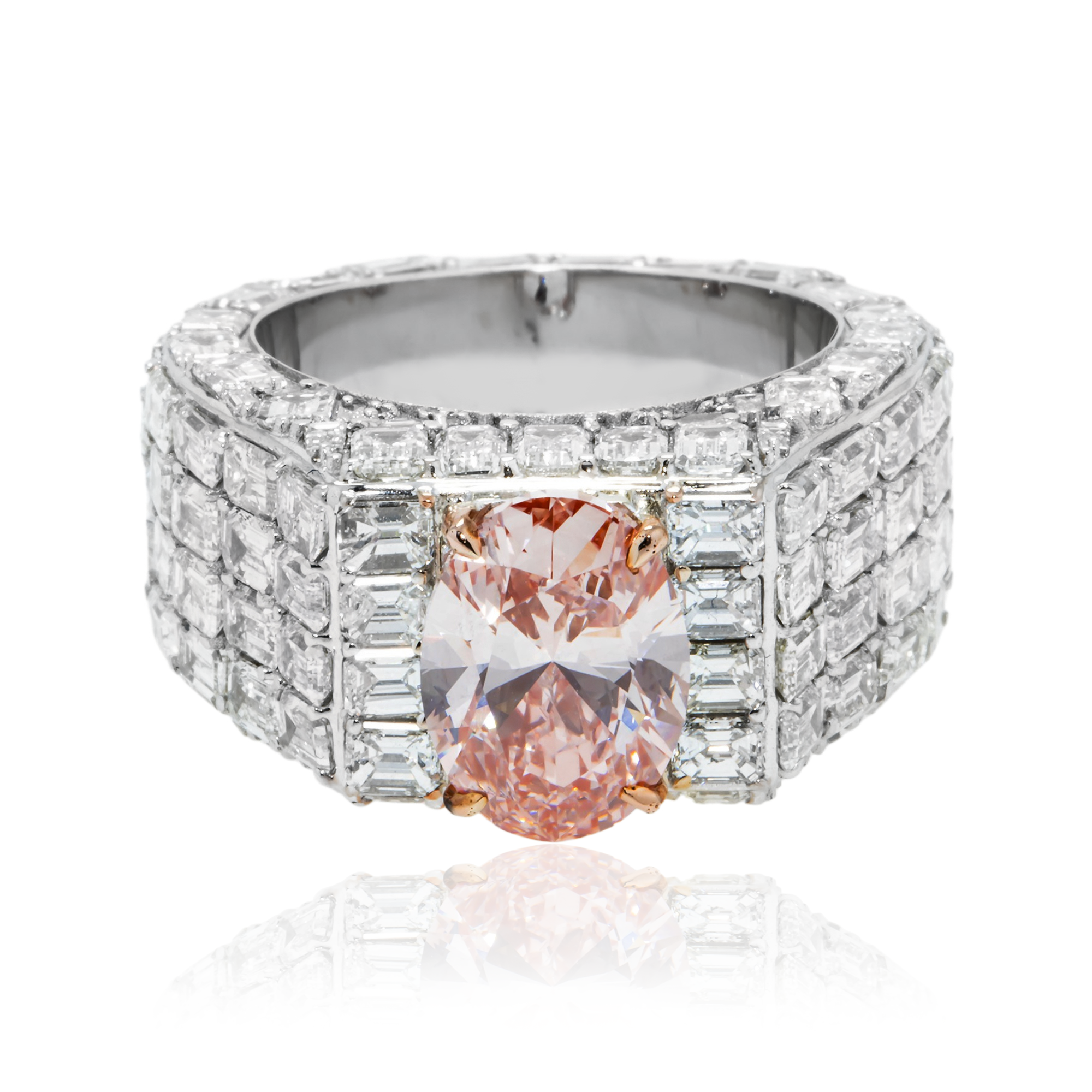 14K White Gold Emerald & Oval Cut Fancy Vivid Pink Diamond Ring 17.98ctw