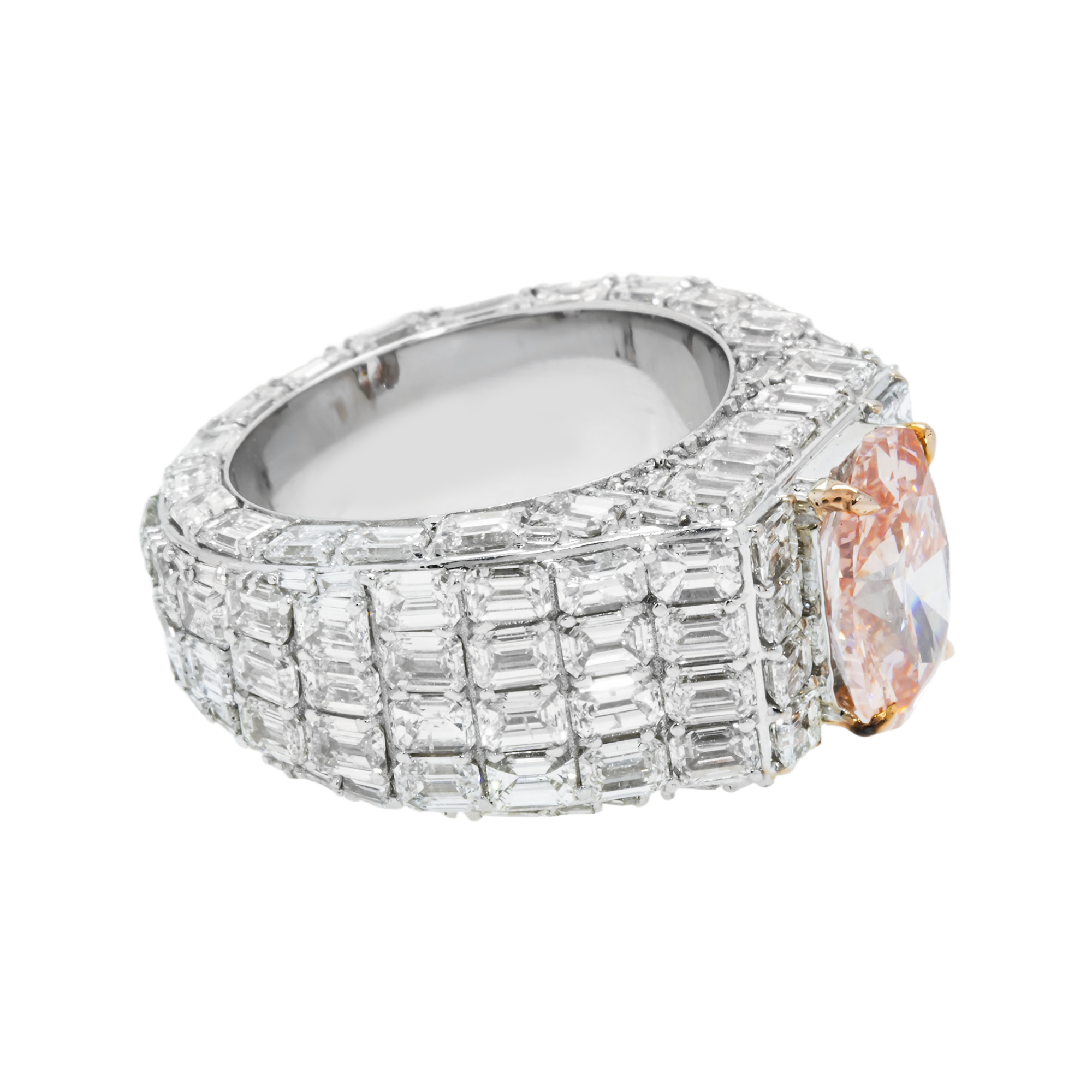 14K White Gold Emerald & Oval Cut Fancy Vivid Pink Diamond Ring 17.98ctw