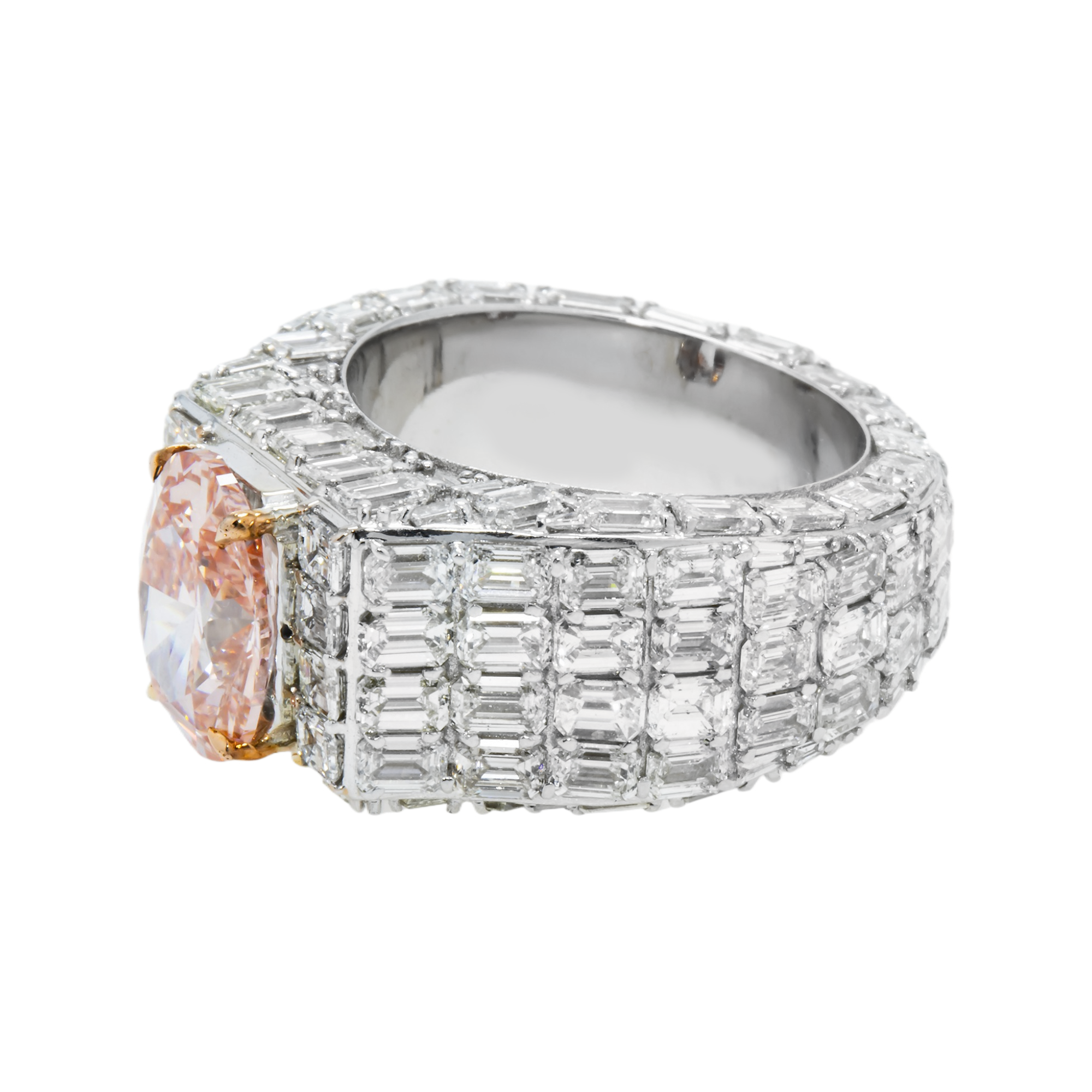 14K White Gold Emerald & Oval Cut Fancy Vivid Pink Diamond Ring 17.98ctw