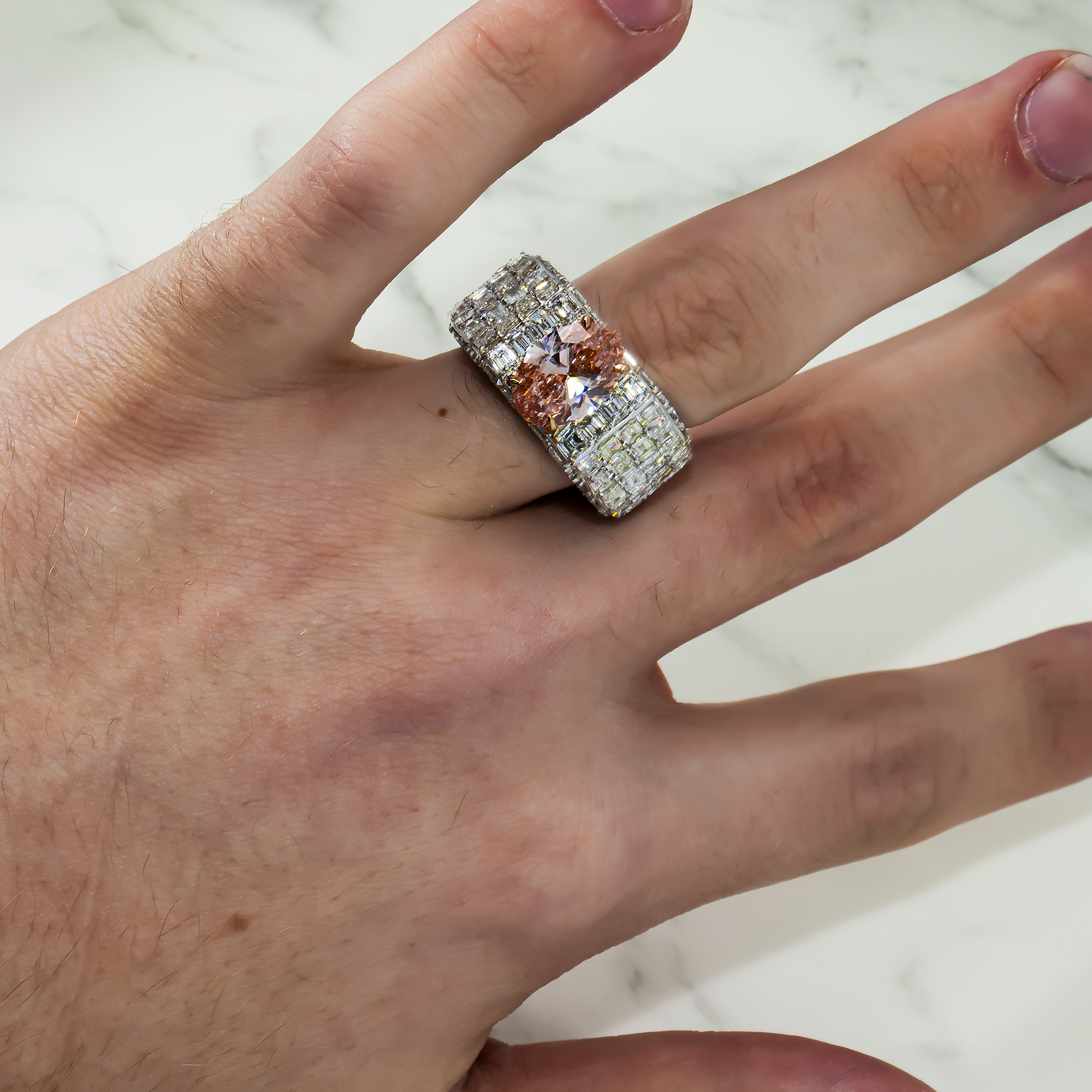 14K White Gold Emerald & Oval Cut Fancy Vivid Pink Diamond Ring 17.98ctw