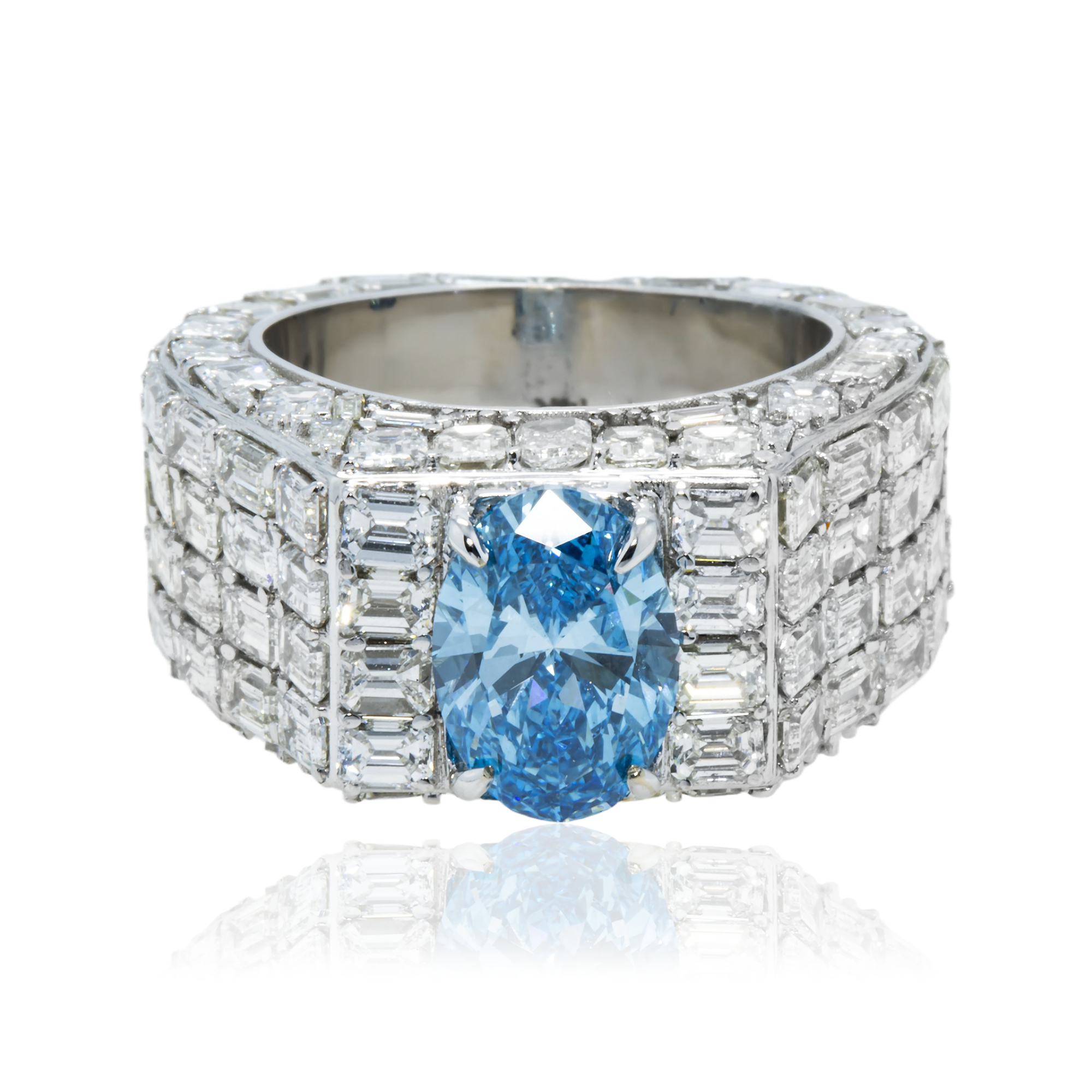 14K Whie Gold Emerald & Oval Cut Fancy Vivid Blue Diamond Ring 16.33ctw