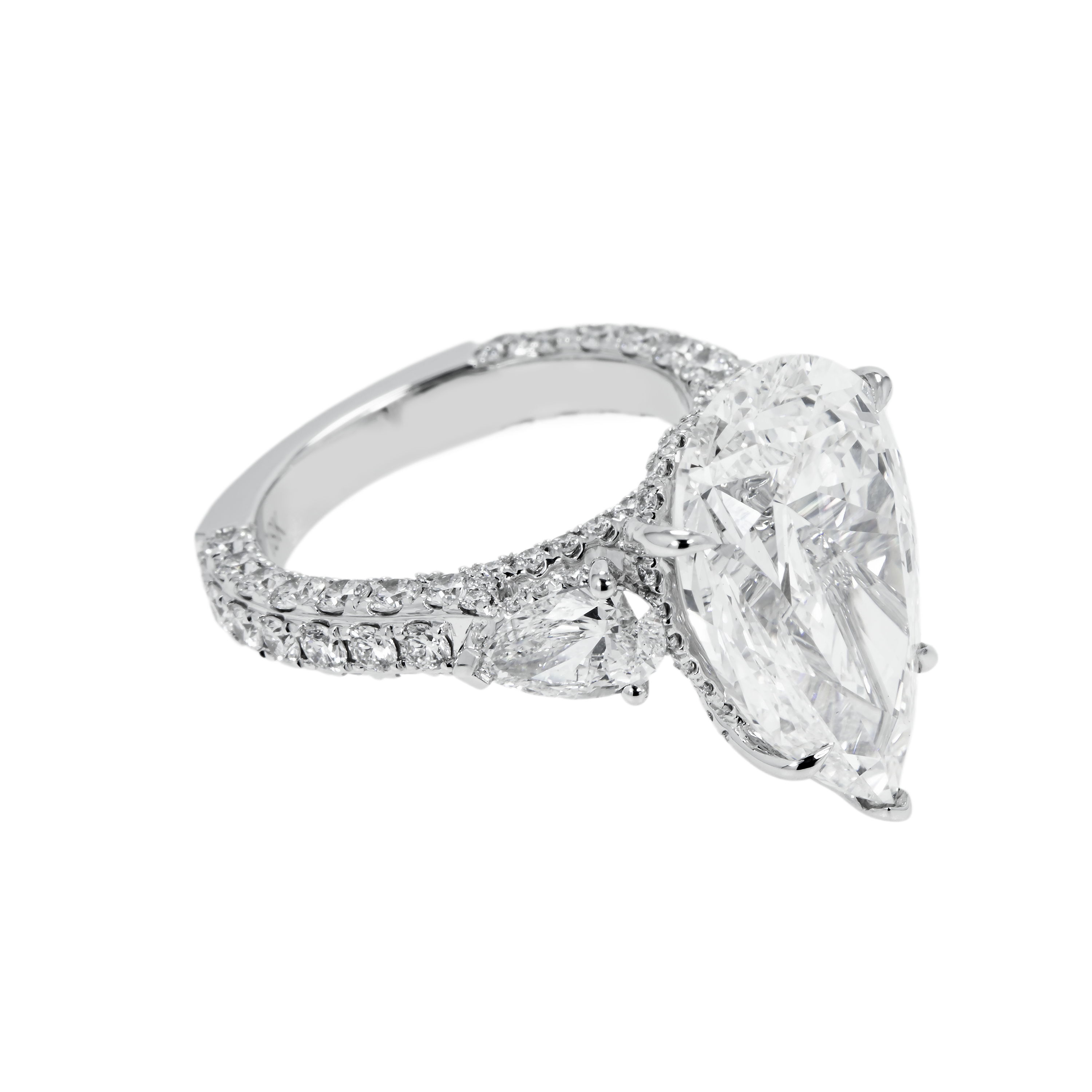 18K White Gold 9.02Ct Triple Pear Cut Diamond Engagement Ring 12.22Ctw Bridal