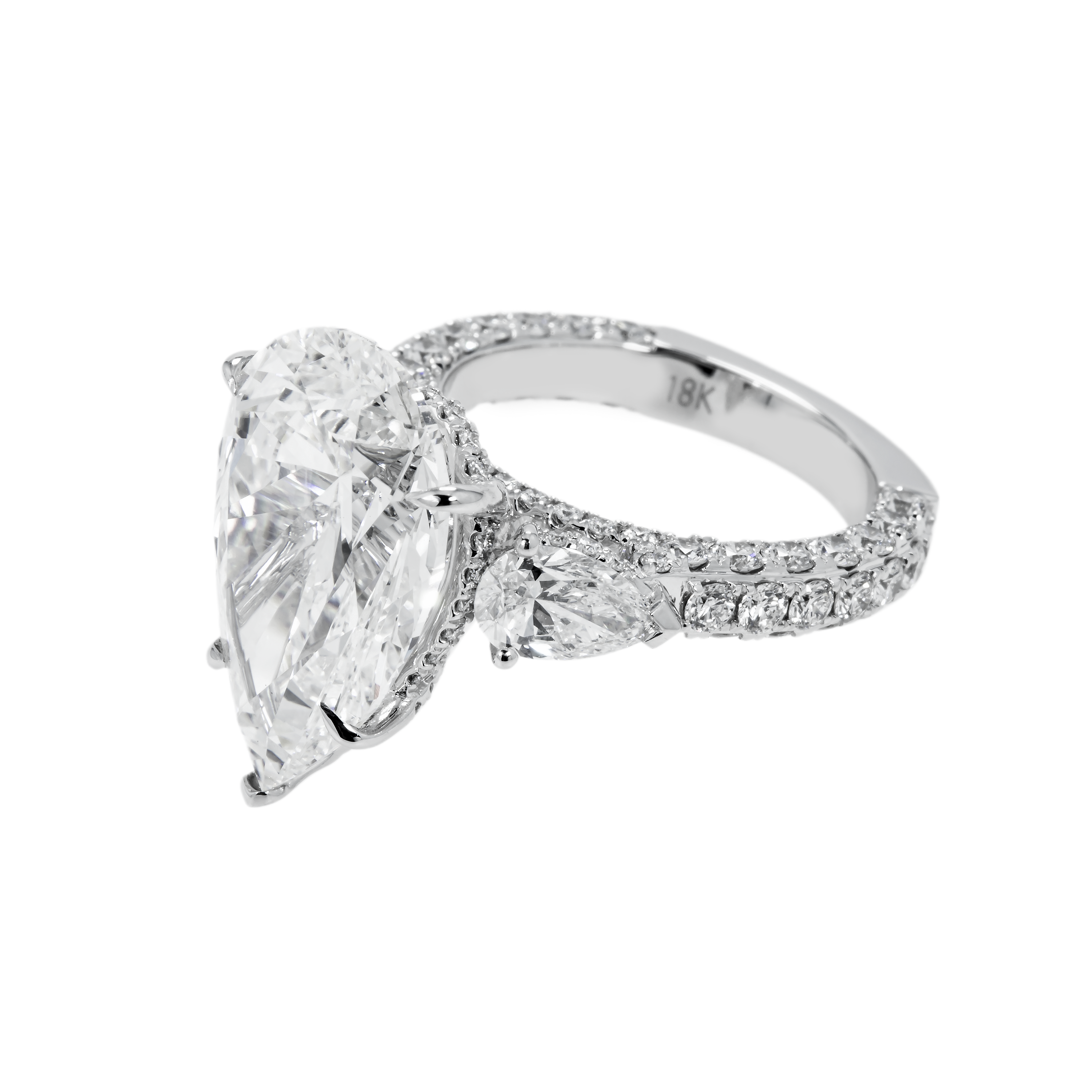 18K White Gold 9.02Ct Triple Pear Cut Diamond Engagement Ring 12.22Ctw Bridal