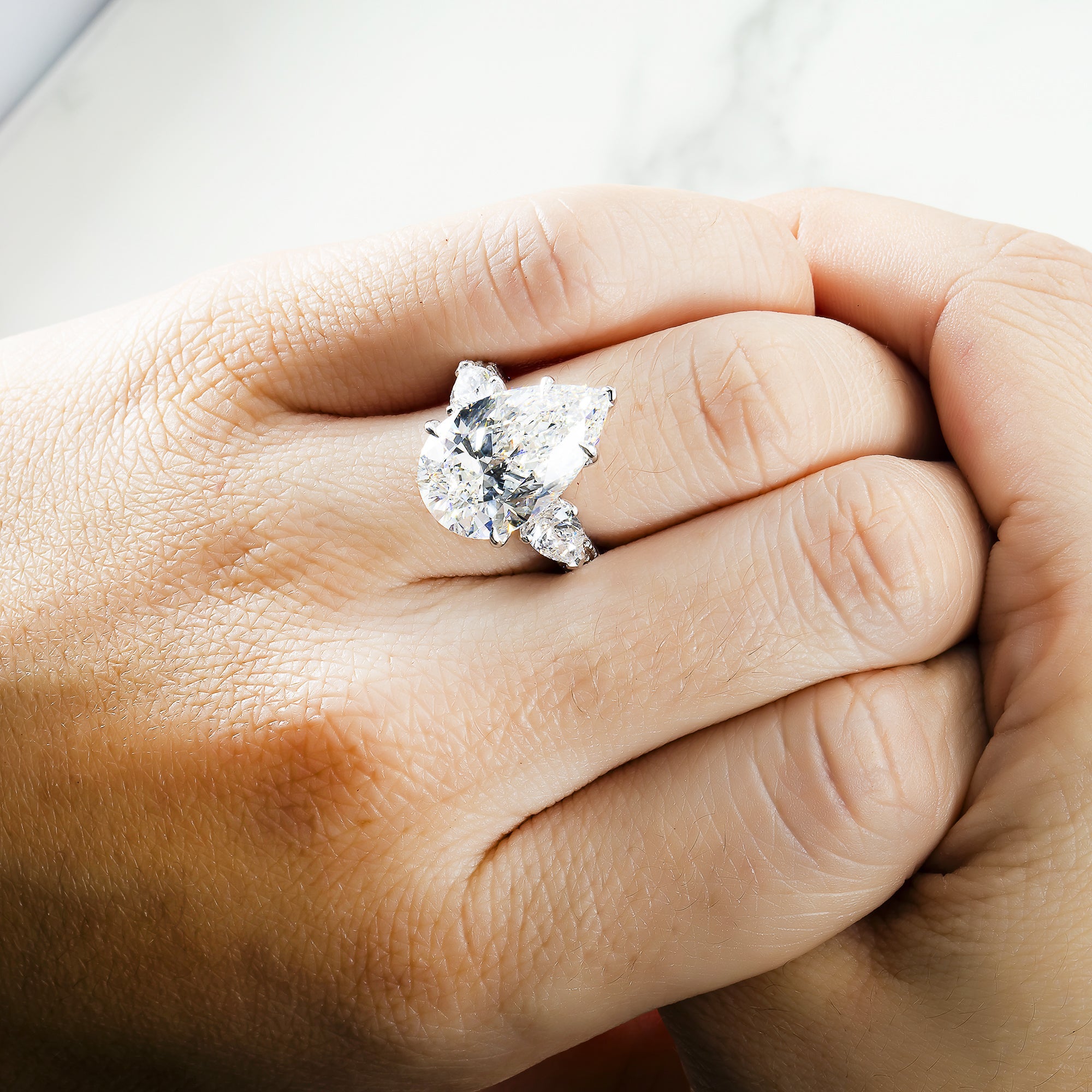 18K White Gold 9.02Ct Triple Pear Cut Diamond Engagement Ring 12.22Ctw Bridal