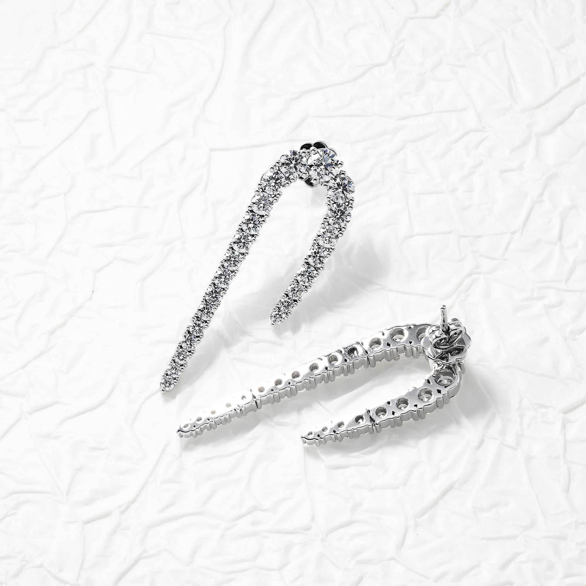 14K White Gold Curved Round Diamond Drop Earrings 5.05Ctw