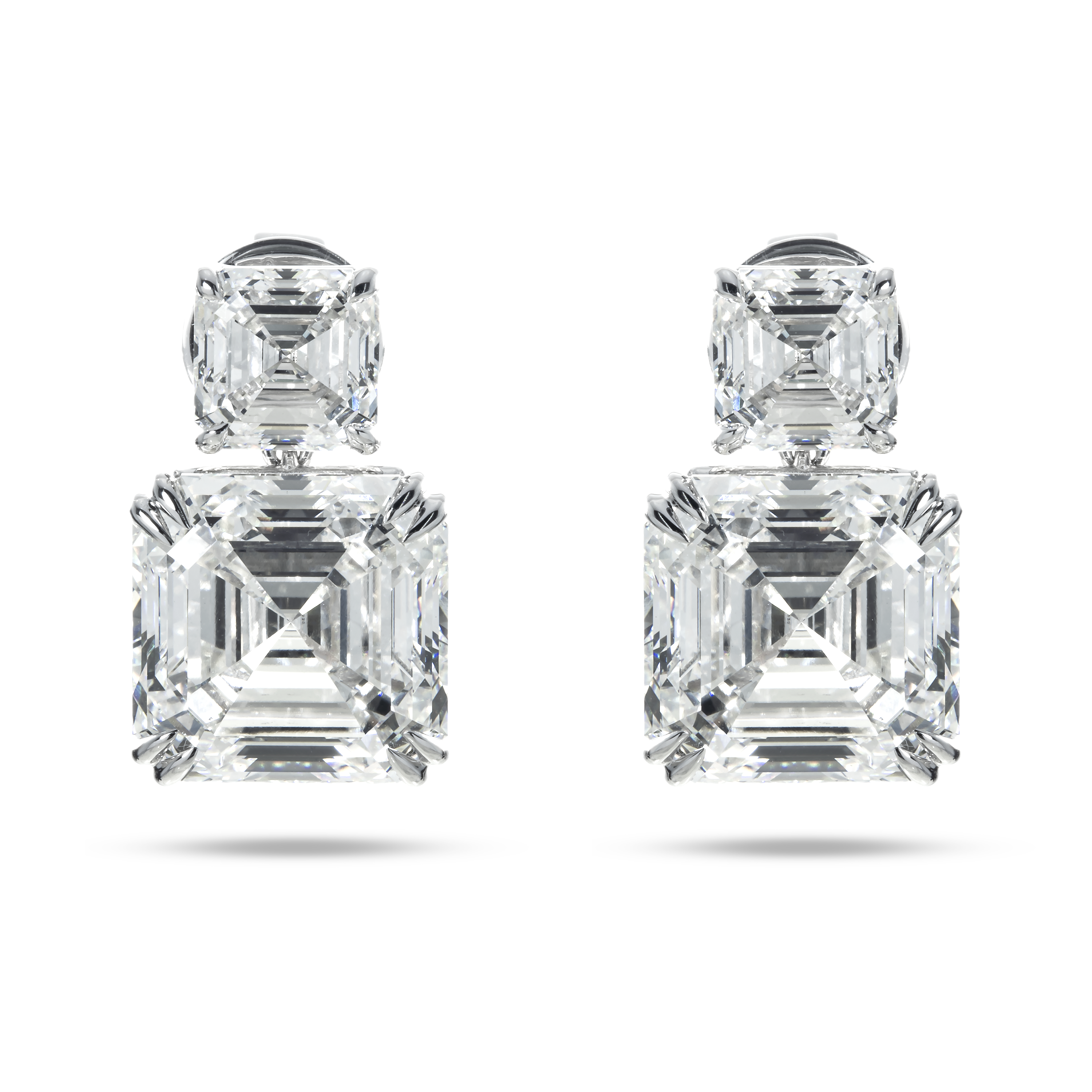 18K White Gold Double Asscher Cut Diamond Short Drop Earrings 24.43Ctw