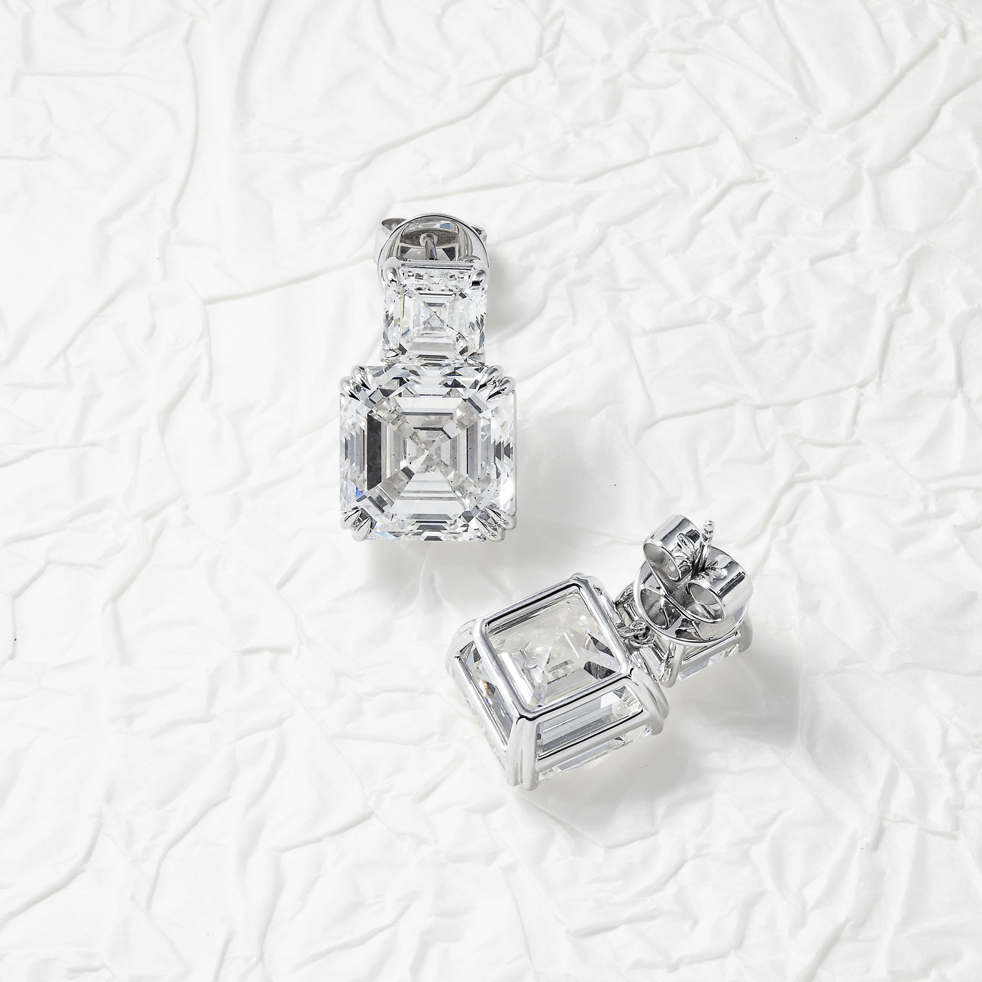 18K White Gold Double Asscher Cut Diamond Short Drop Earrings 24.43Ctw