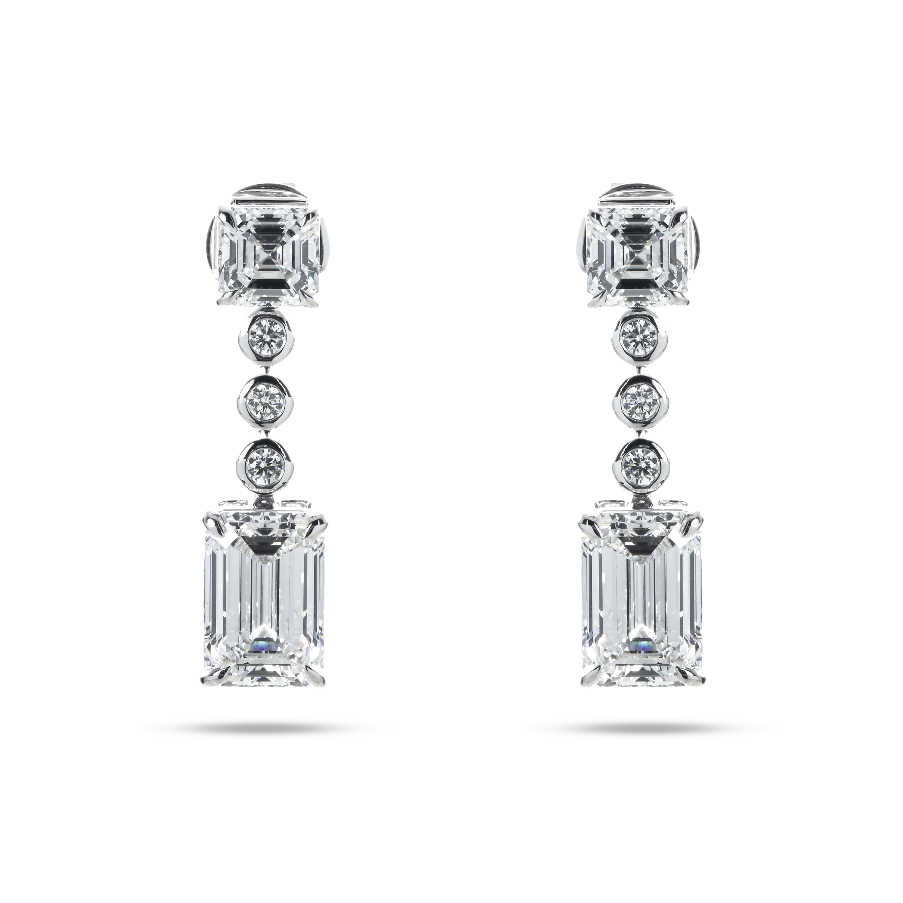14K White Gold Asscher & Emerald Cut Diamond Short Drop Earrings 8.29Ctw