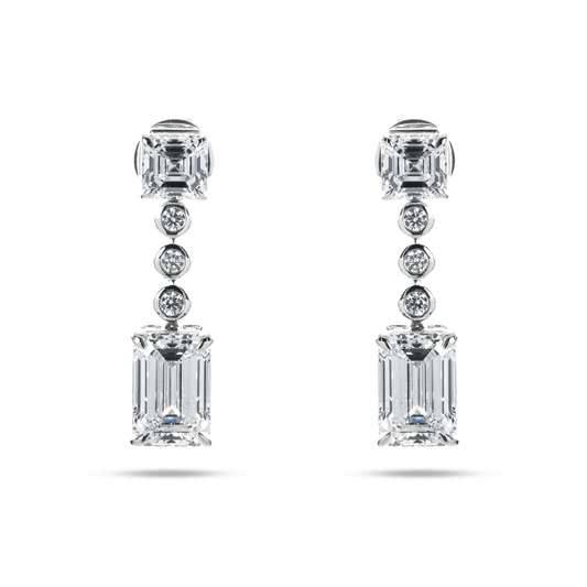 14K White Gold Asscher & Emerald Cut Diamond Short Drop Earrings 8.29ctw