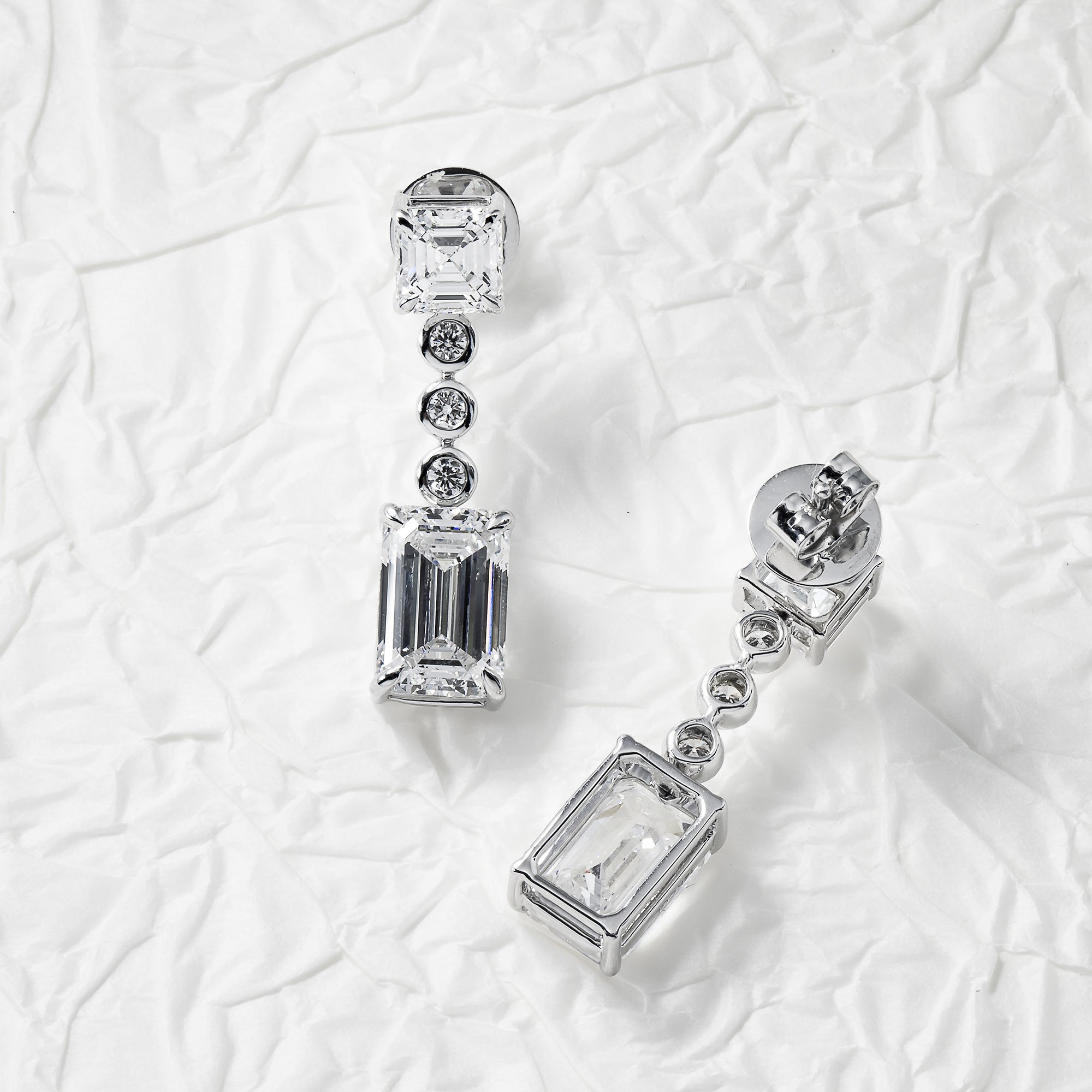 14K White Gold Asscher & Emerald Cut Diamond Short Drop Earrings 8.29Ctw