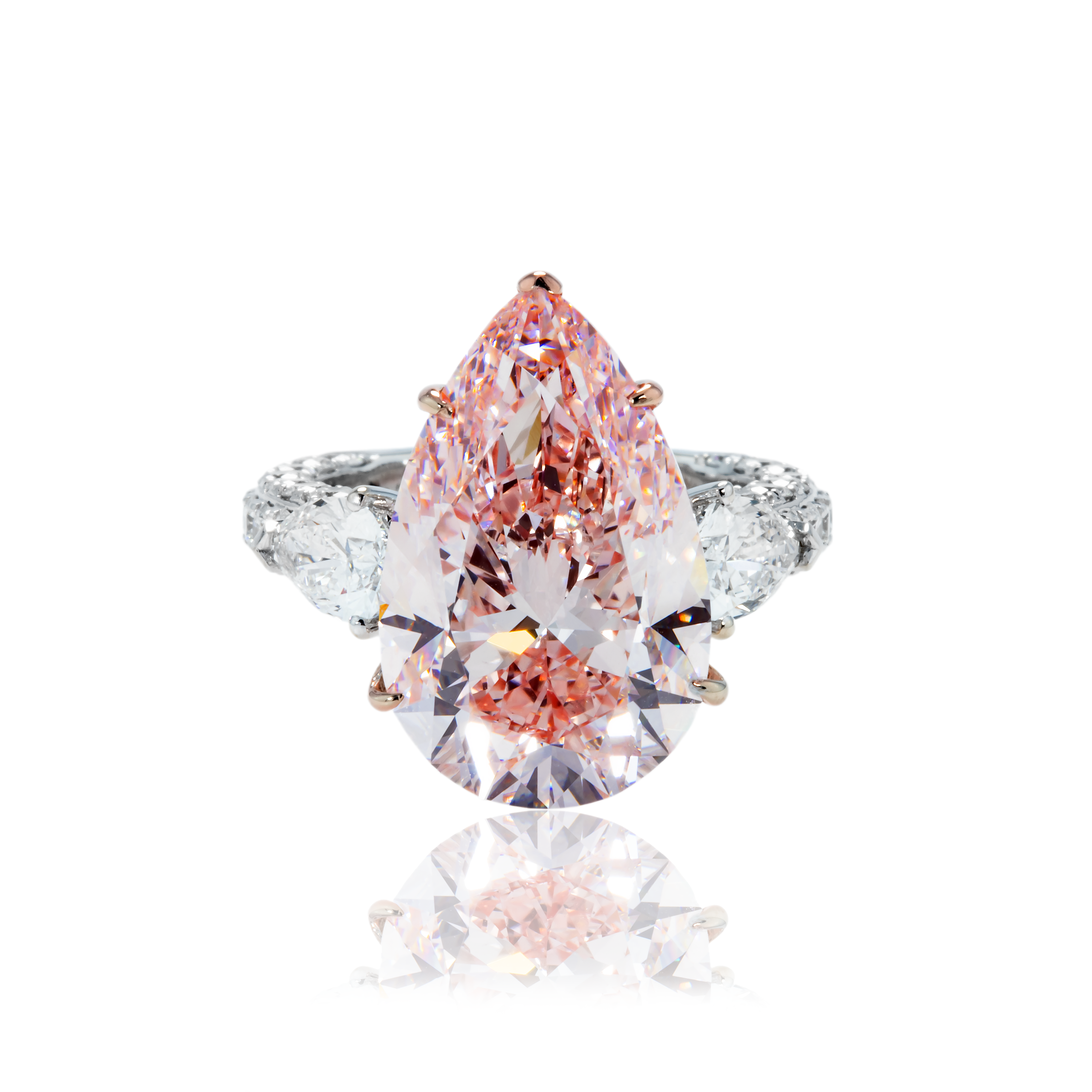 18K White Gold 11.36Ct Pear Cut Pink Vivid Diamond Engagement 14.56Ctw Bridal