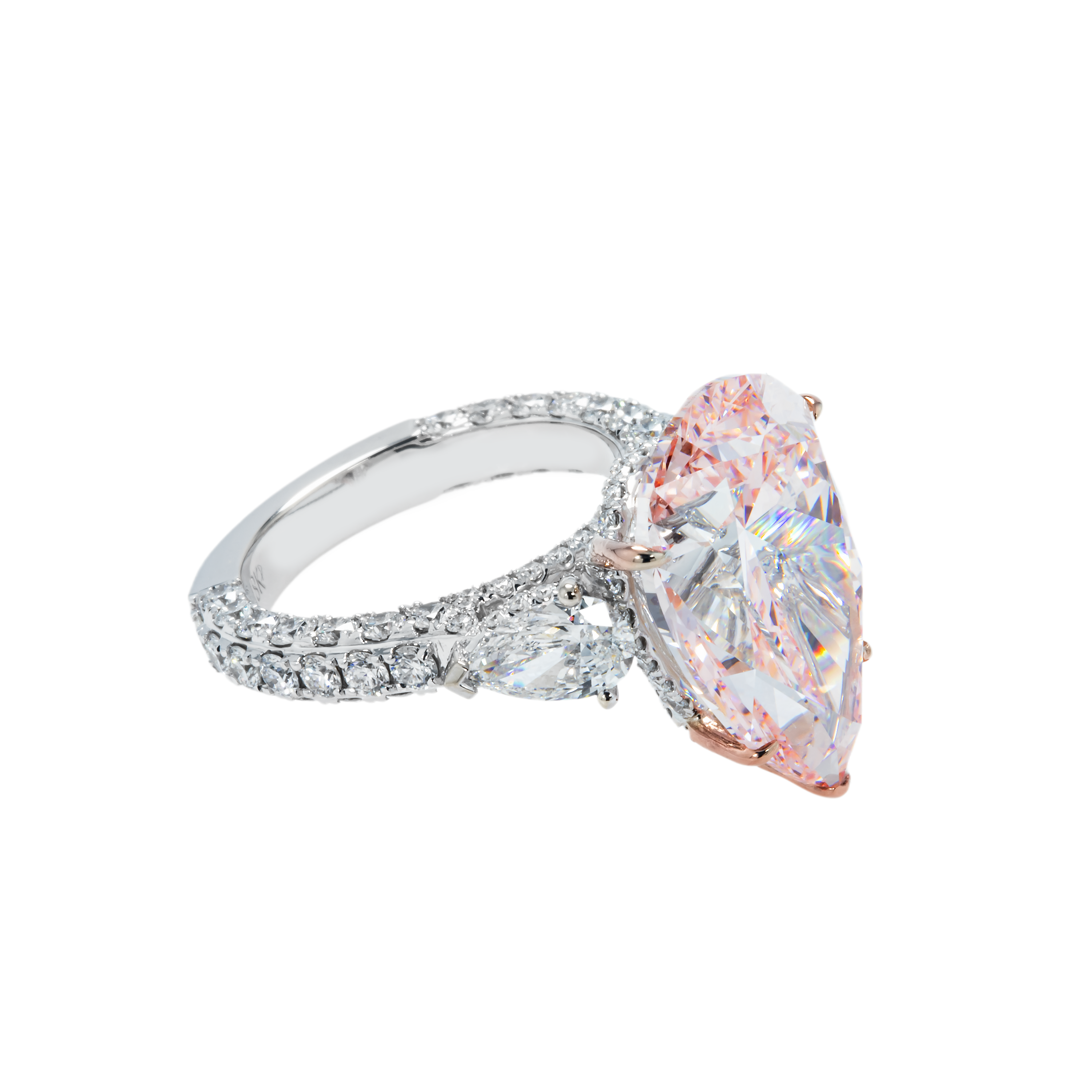 18K White Gold 11.36Ct Pear Cut Pink Vivid Diamond Engagement 14.56Ctw Bridal