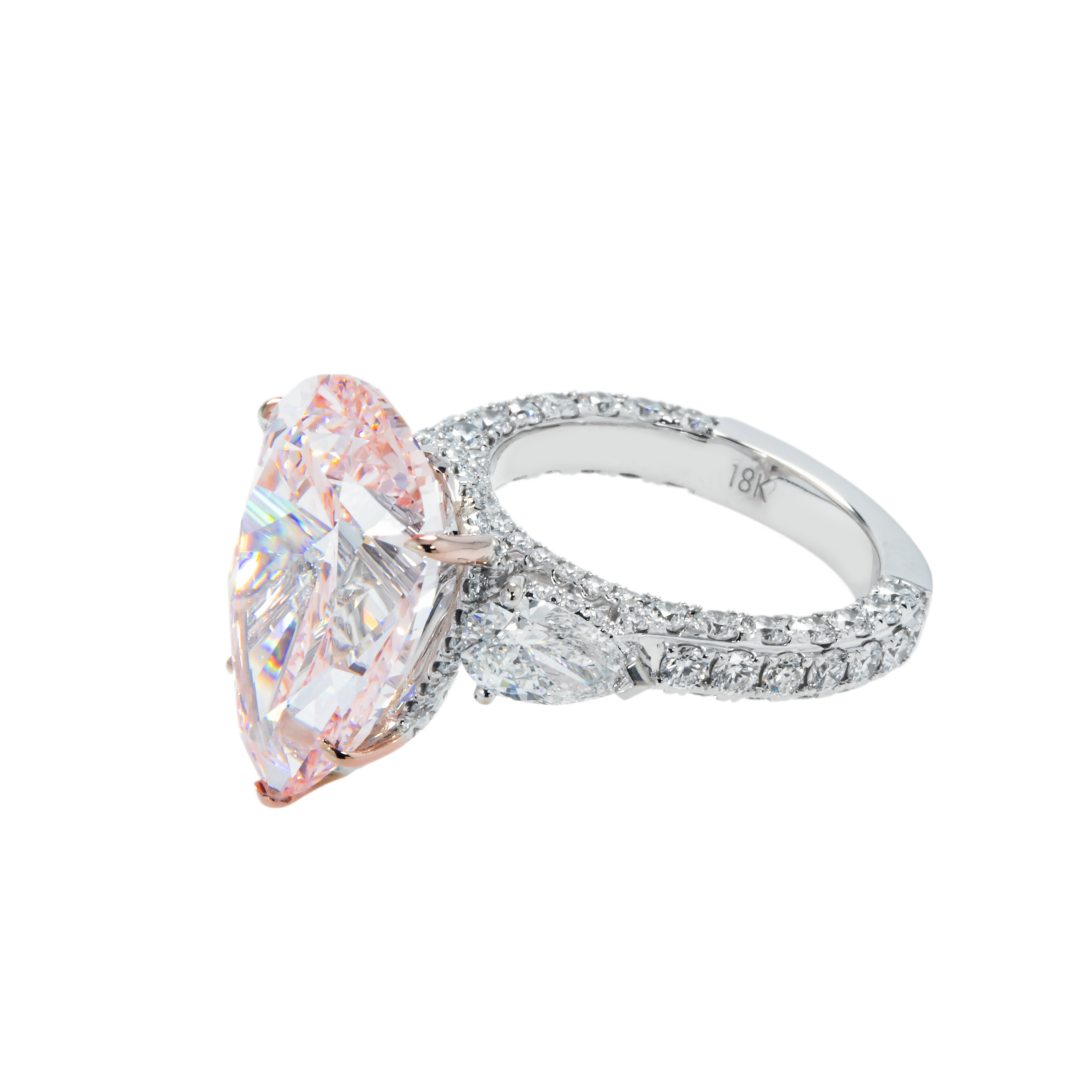 18K White Gold 11.36Ct Pear Cut Pink Vivid Diamond Engagement 14.56Ctw Bridal