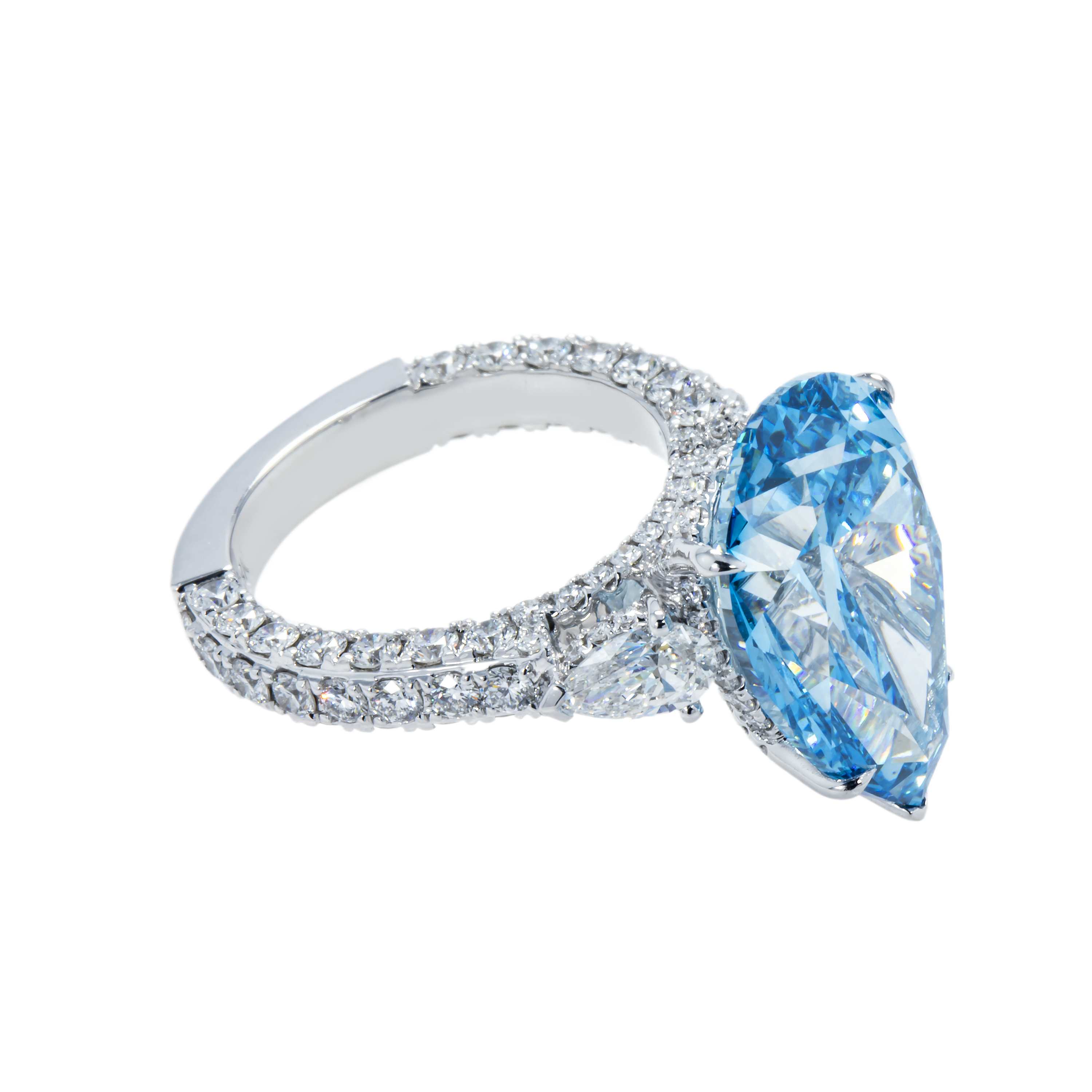 18K White Gold 10.10Ct Pear Cut Blue Vivid Diamond Engagement Ring 12.90Ctw Bridal