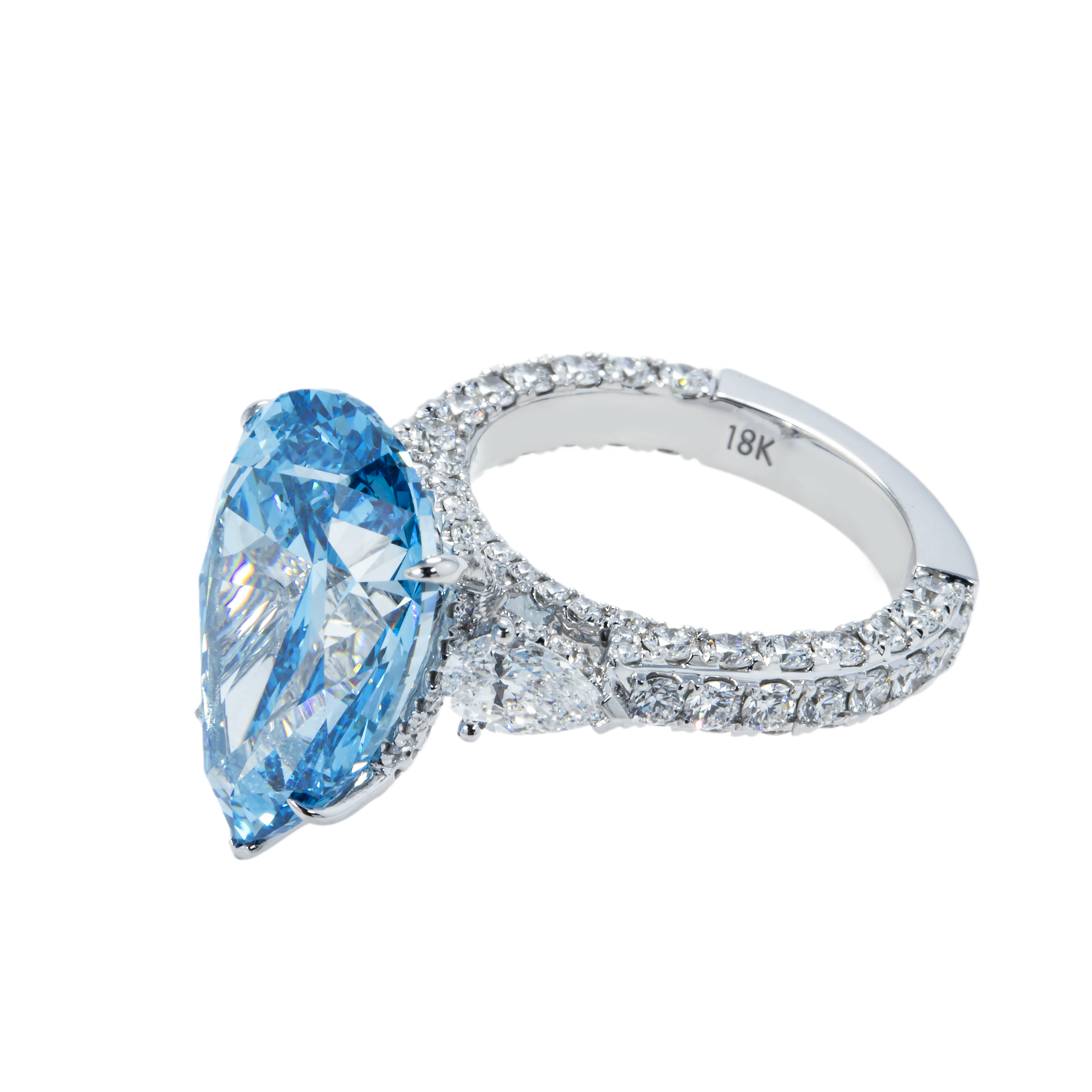 18K White Gold 10.10Ct Pear Cut Blue Vivid Diamond Engagement Ring 12.90Ctw Bridal