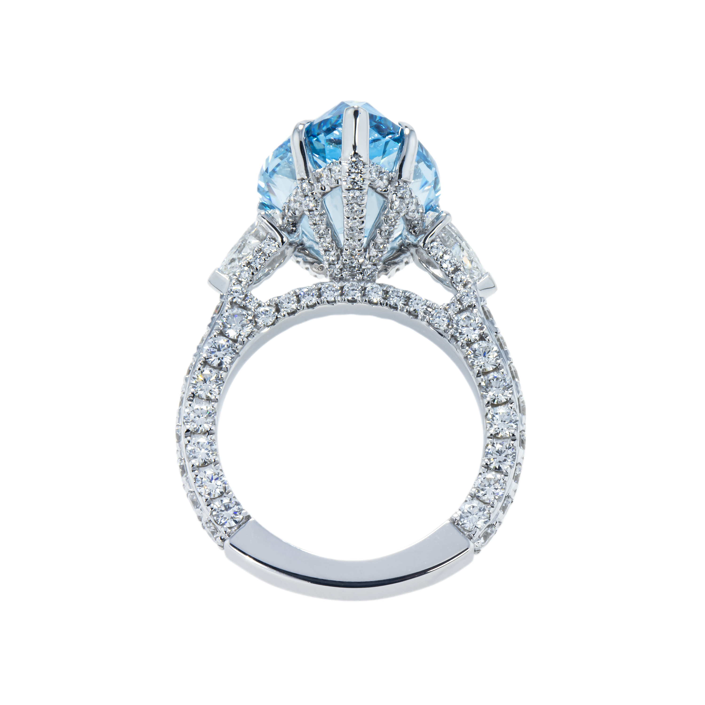 18K White Gold 10.10Ct Pear Cut Blue Vivid Diamond Engagement Ring 12.90Ctw Bridal