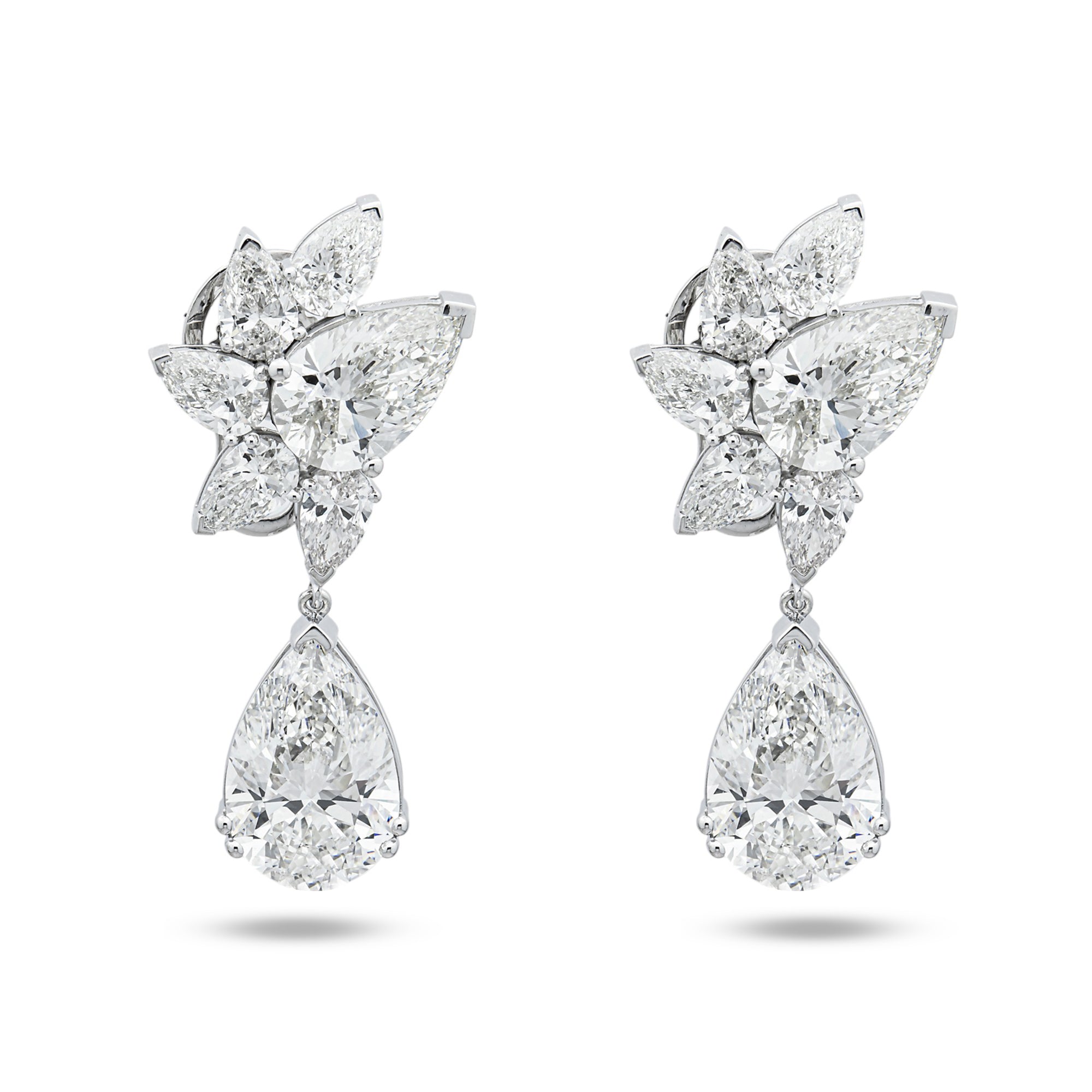 14K White Gold Pear Diamond Cluster Drop Earrings 19.02ctw