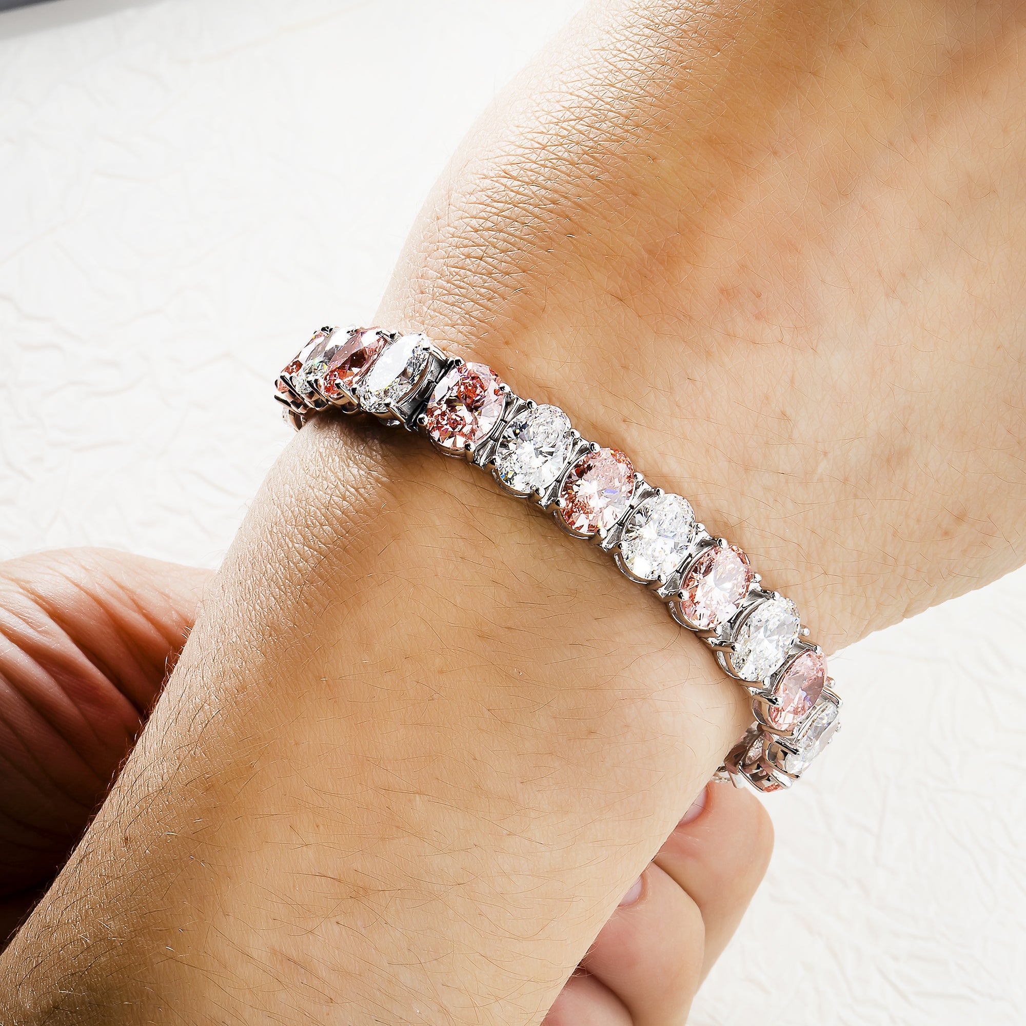 14K White Gold Oval Cut & Fancy Pink Diamond Bracelet 37.57Ct Bracelets
