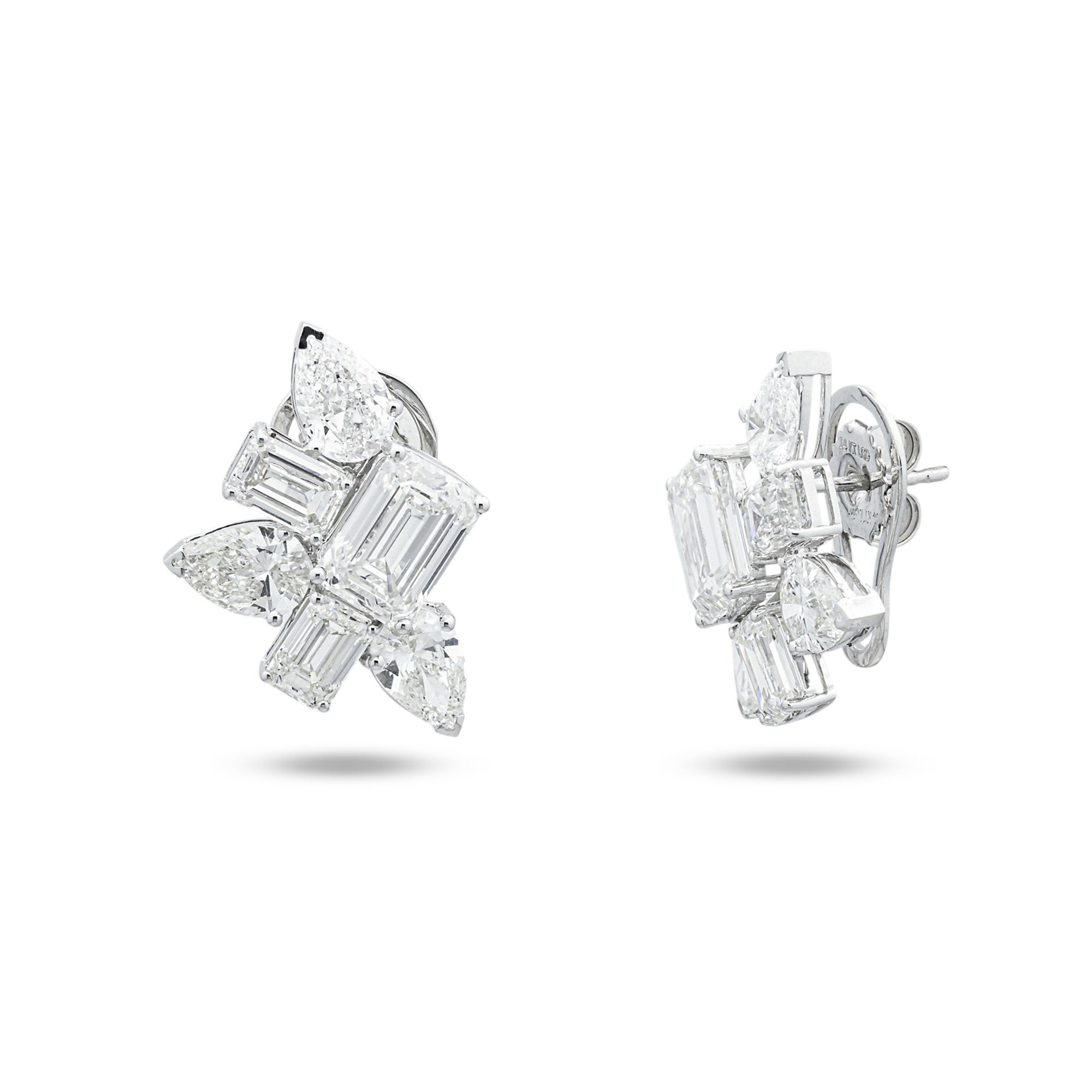 14K White Gold Emerald & Pear Diamond Cluster Stud Earrings 10.74ctw