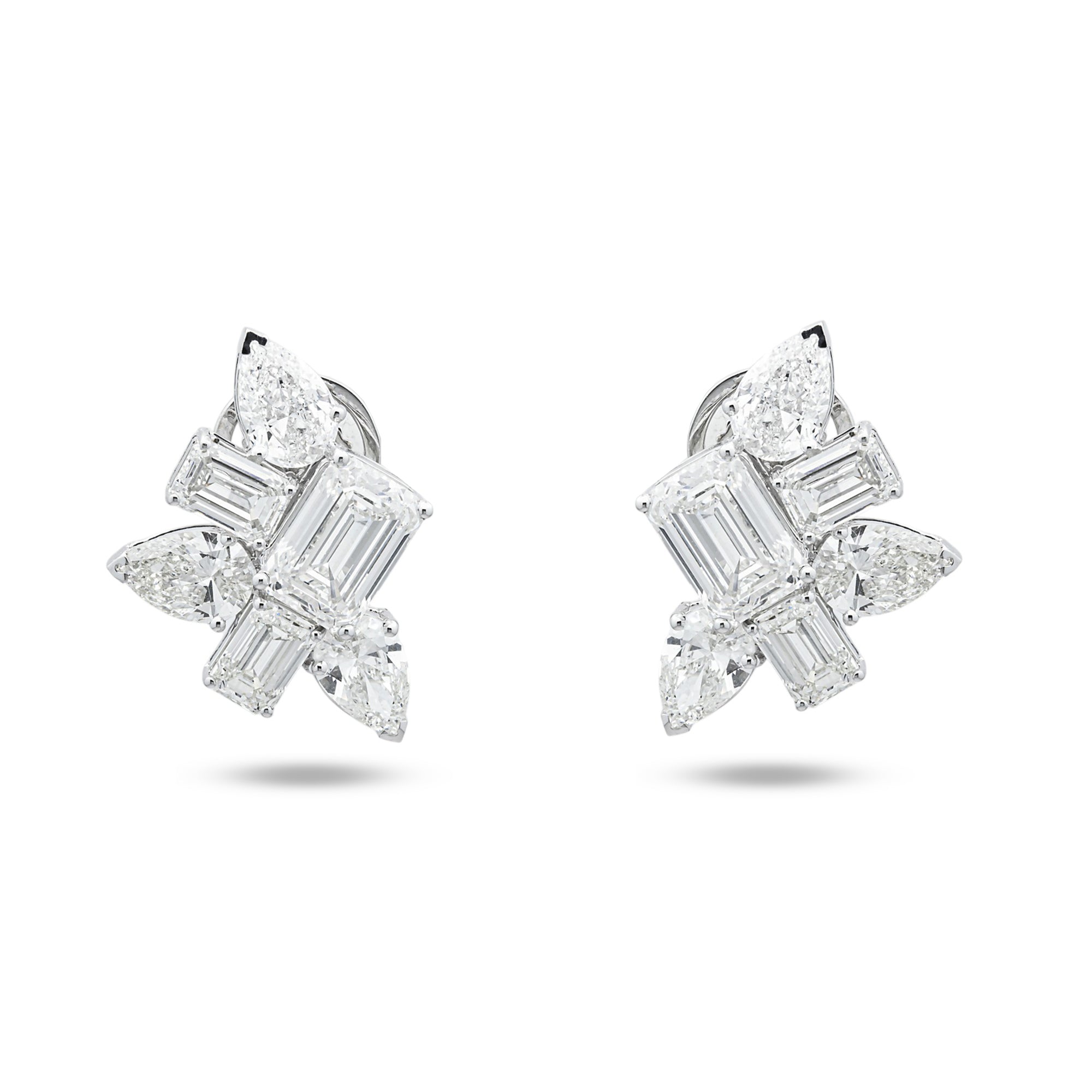 14K White Gold Emerald & Pear Diamond Cluster Stud Earrings 10.74ctw