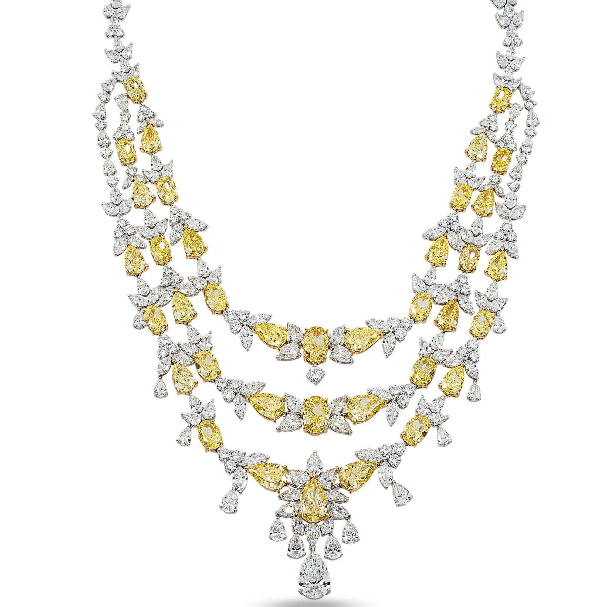 14K White Gold Multi Shape Fancy Yellow & White Diamond Drop Necklace 130.45ctw