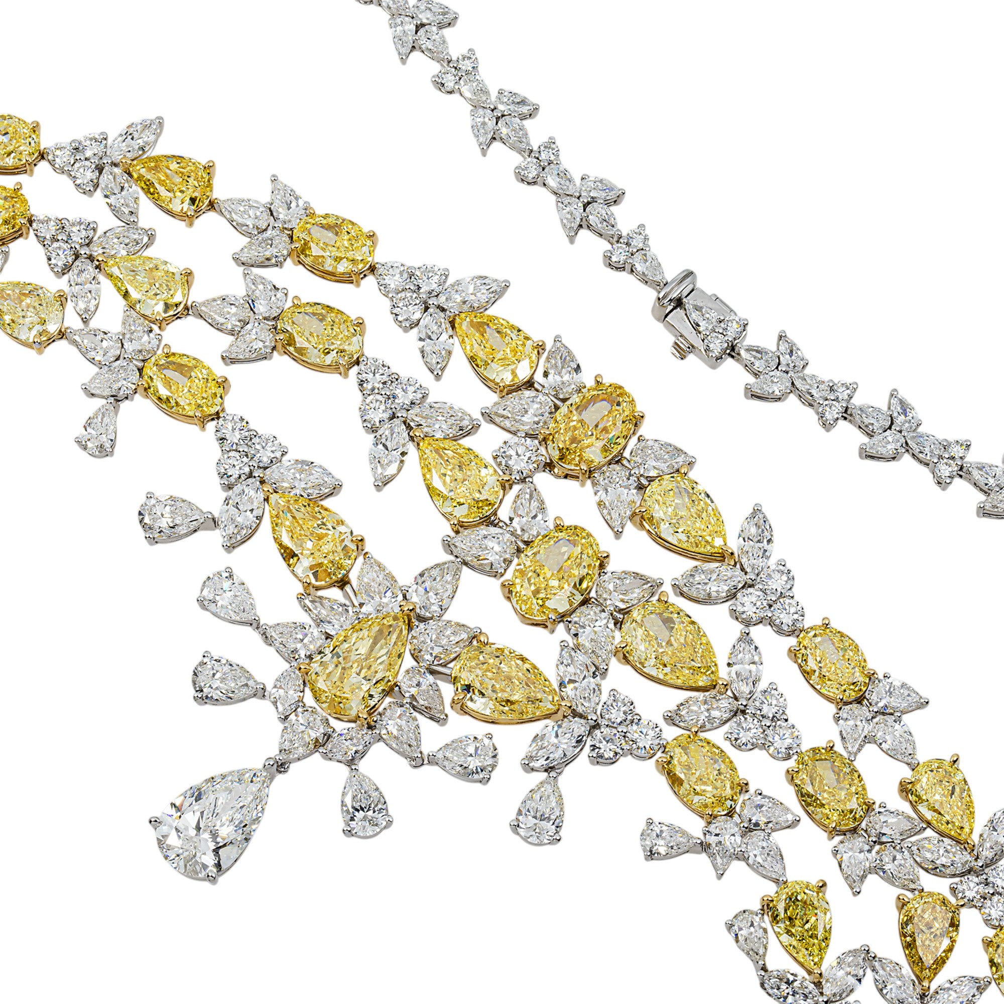 14K White Gold Multi Shape Fancy Yellow & White Diamond Drop Necklace 130.45ctw