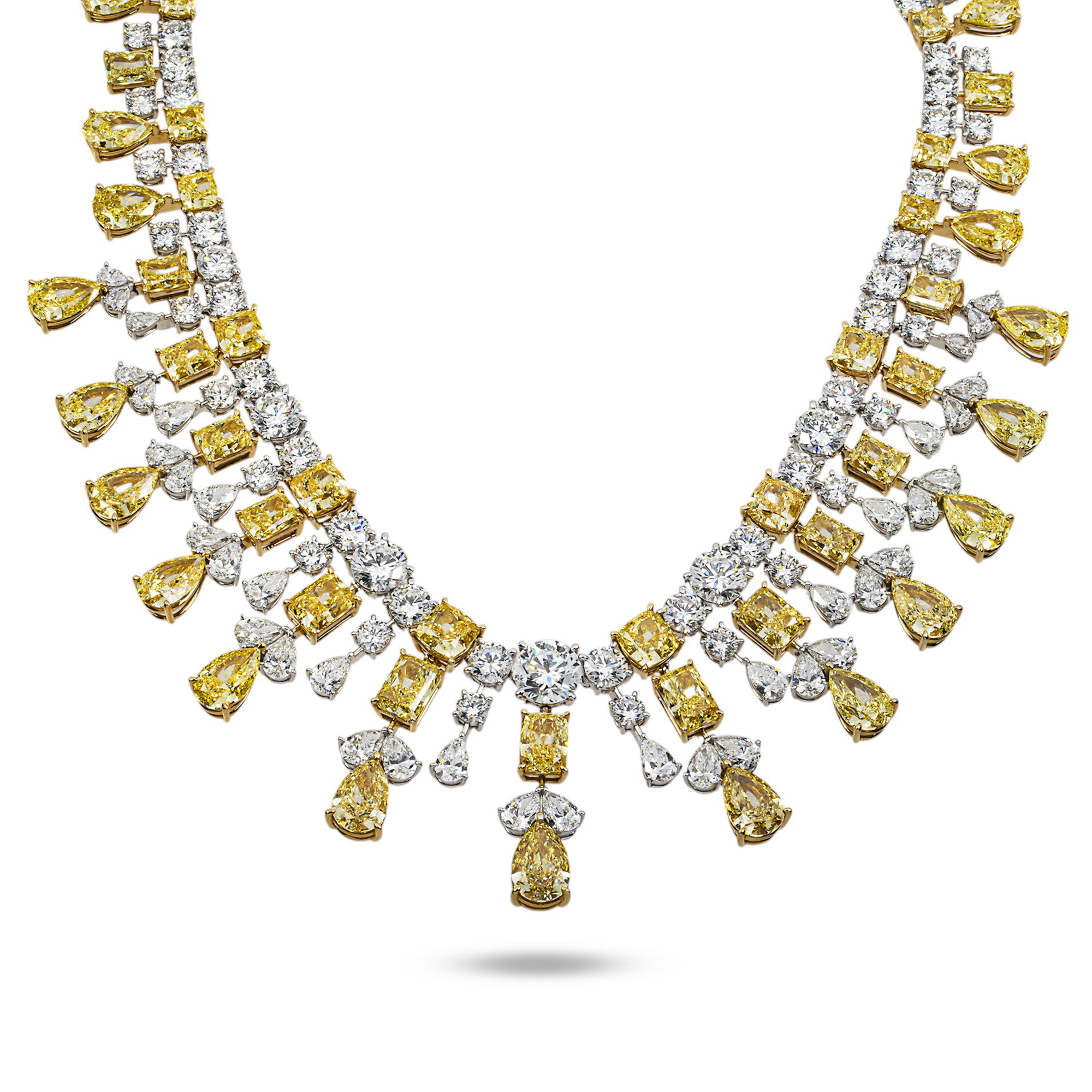 14K White Gold Multi Shape Fancy Yellow & White Diamond Necklace 223.41ctw