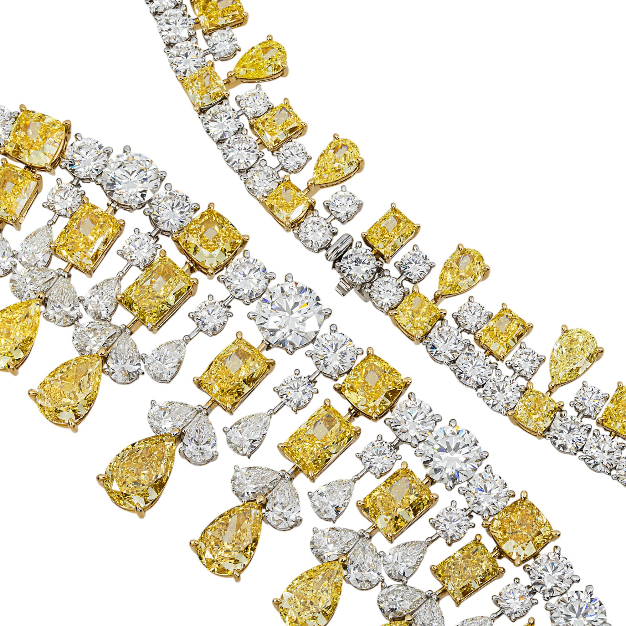 14K White Gold Multi Shape Fancy Yellow & White Diamond Necklace 223.41ctw