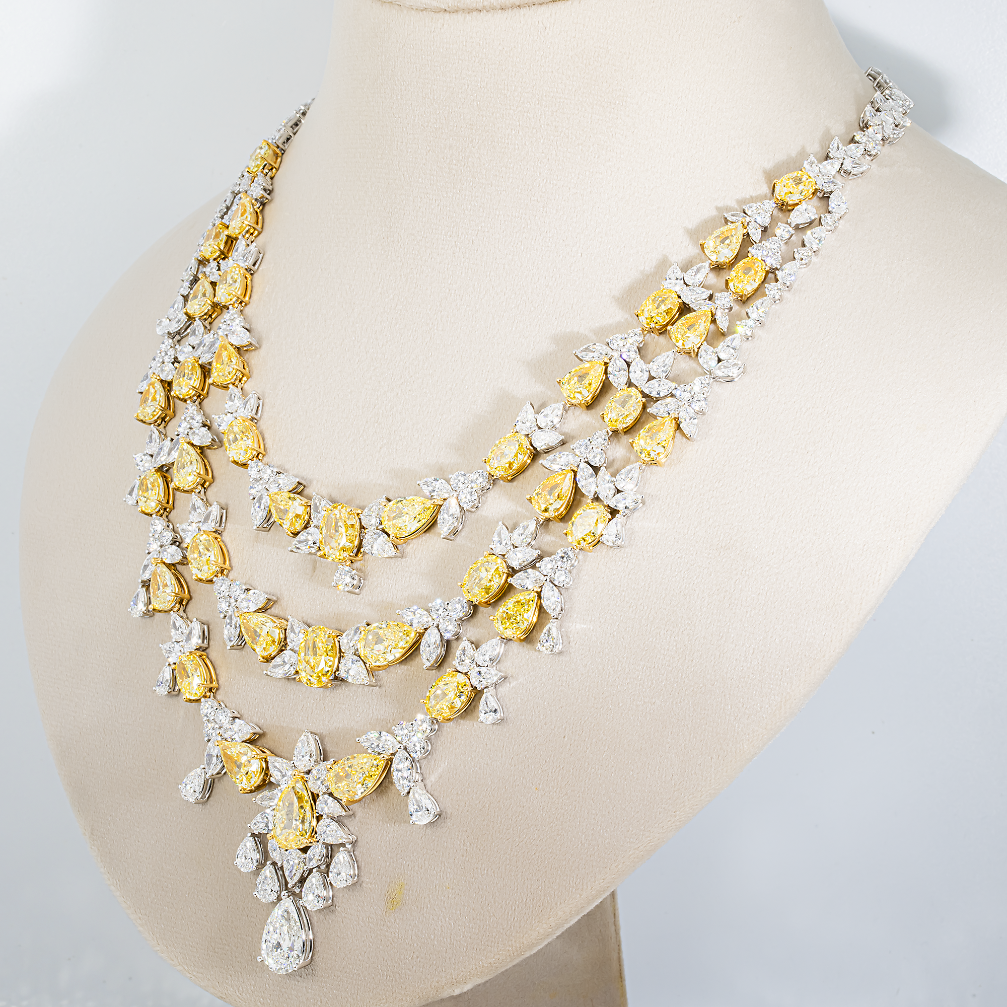 14K White Gold Multi Shape Fancy Yellow & White Diamond Drop Necklace 130.45ctw